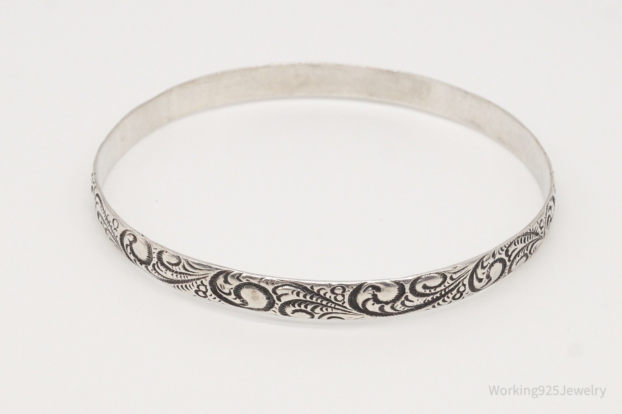 Antique Sterling Silver Floral Motif Bangle Bracelet