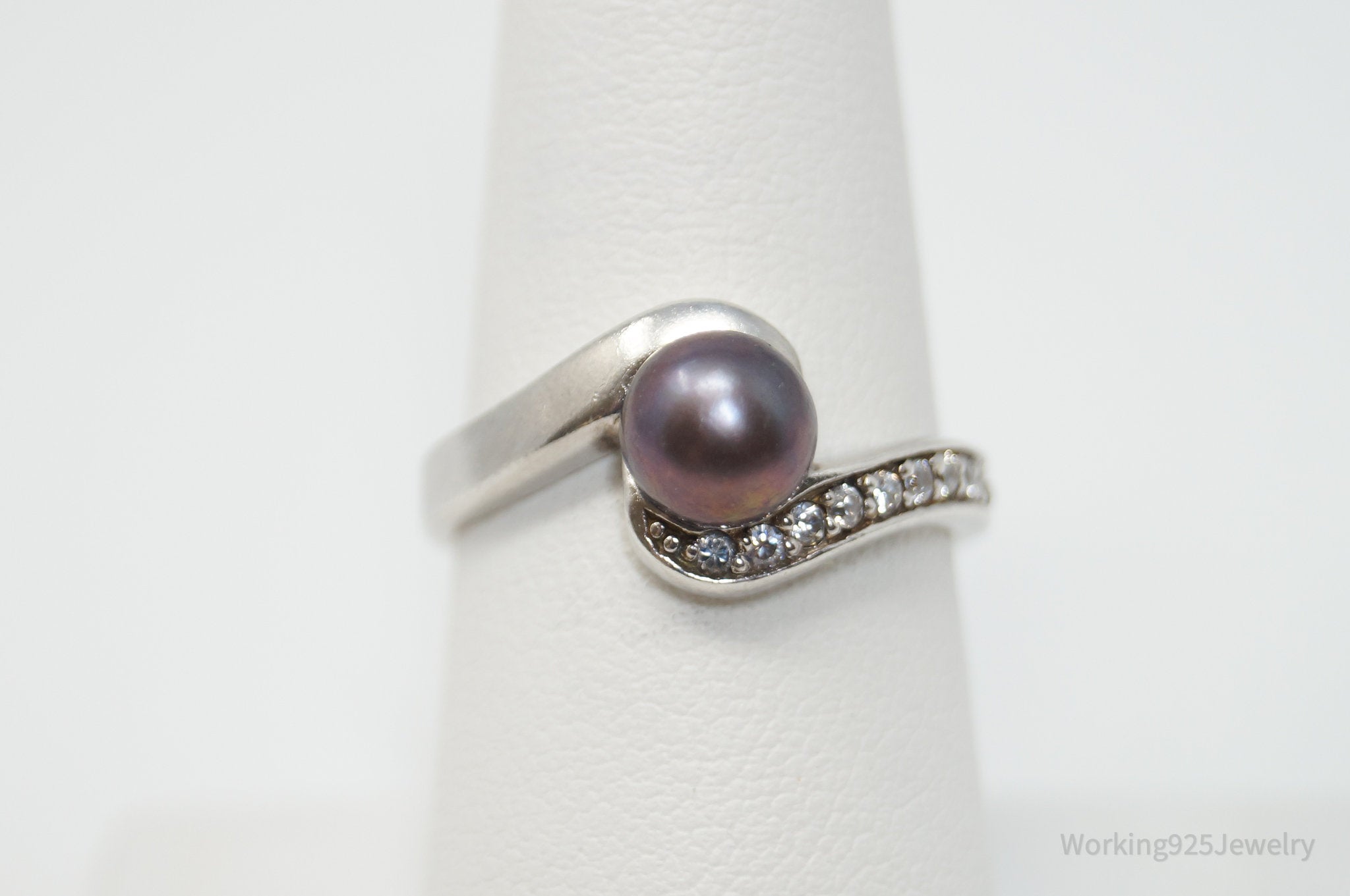 Vintage Designer Chapal-Zenray Tahitian Pearl CZ Sterling Silver Ring - Sz 7.75