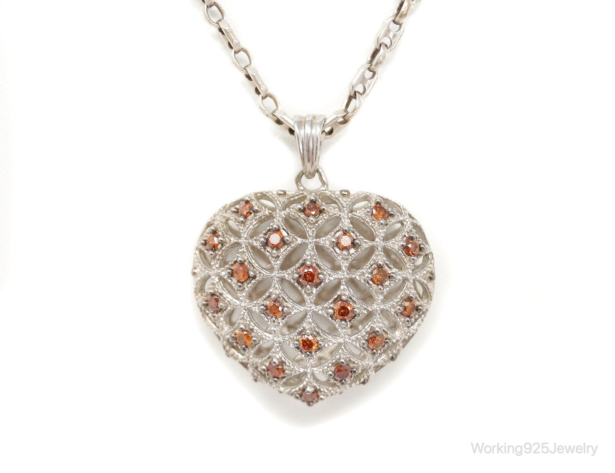 Designer Orange Cubic Zirconia Sterling Silver Heart Necklace