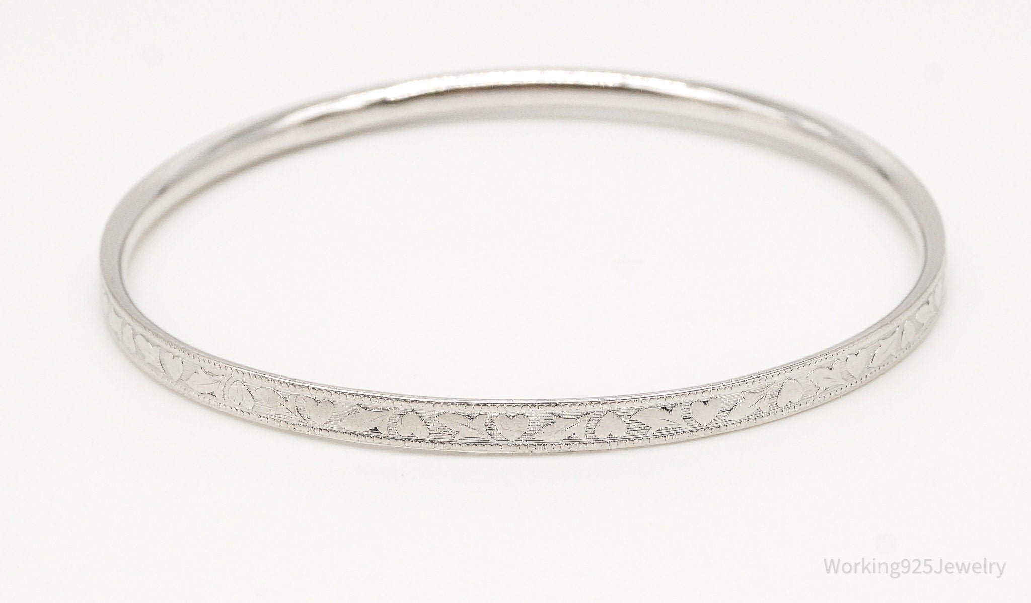 Antique B.A.B Sterling Silver Heart Floral Bangle Bracelet