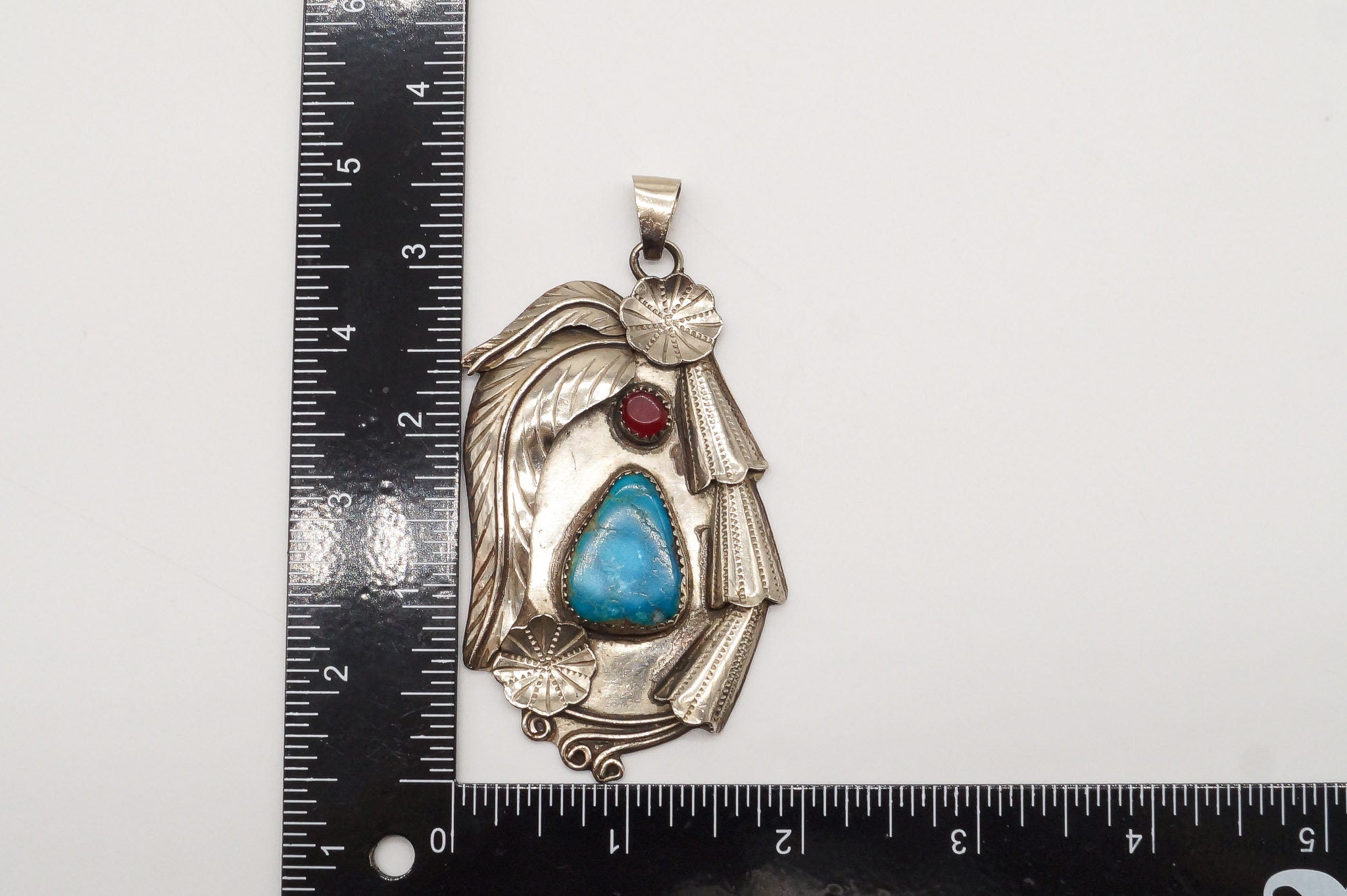 Large Vintage Native American Turquoise Carnelian Sterling Silver Pendant