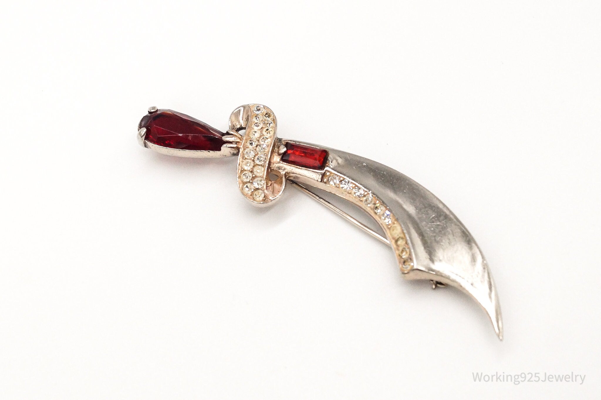 Large Vintage Scimitar Sword Dagger Rhinestone Glass Sterling Silver Pin Brooch