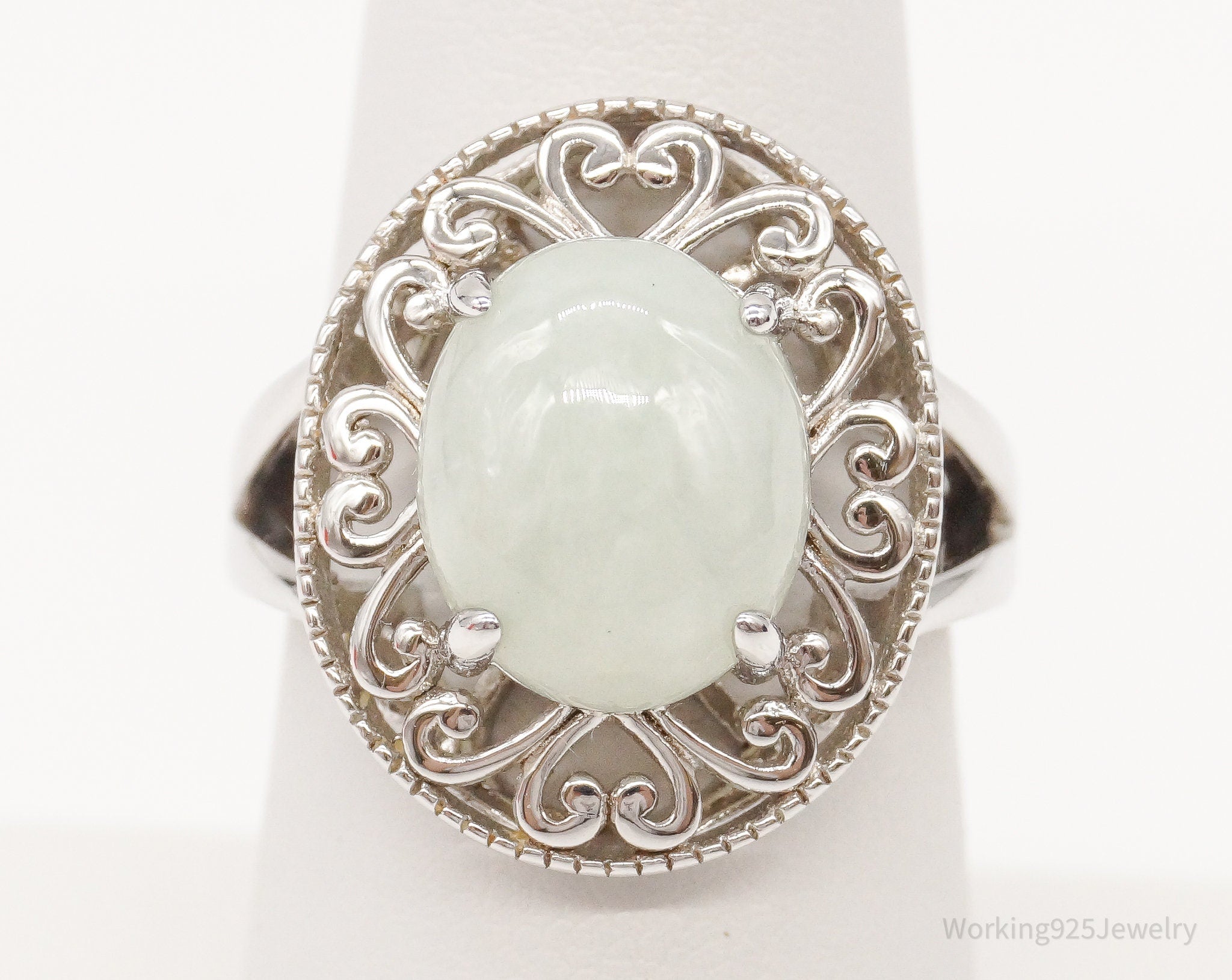 Designer TGGC Green Jade Sterling Silver Ring - Size 7