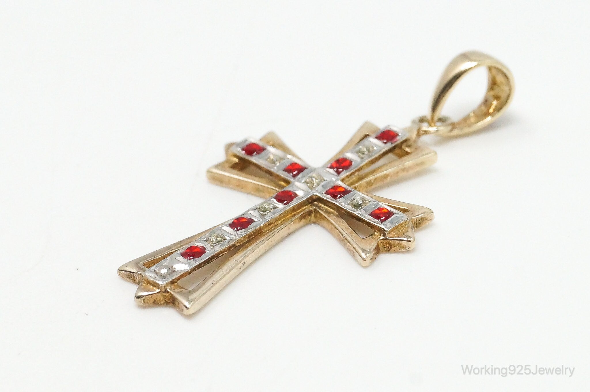 Vintage Designer SLC Ruby Rhinestone Gold Vermeil Cross Sterling Silver Pendant