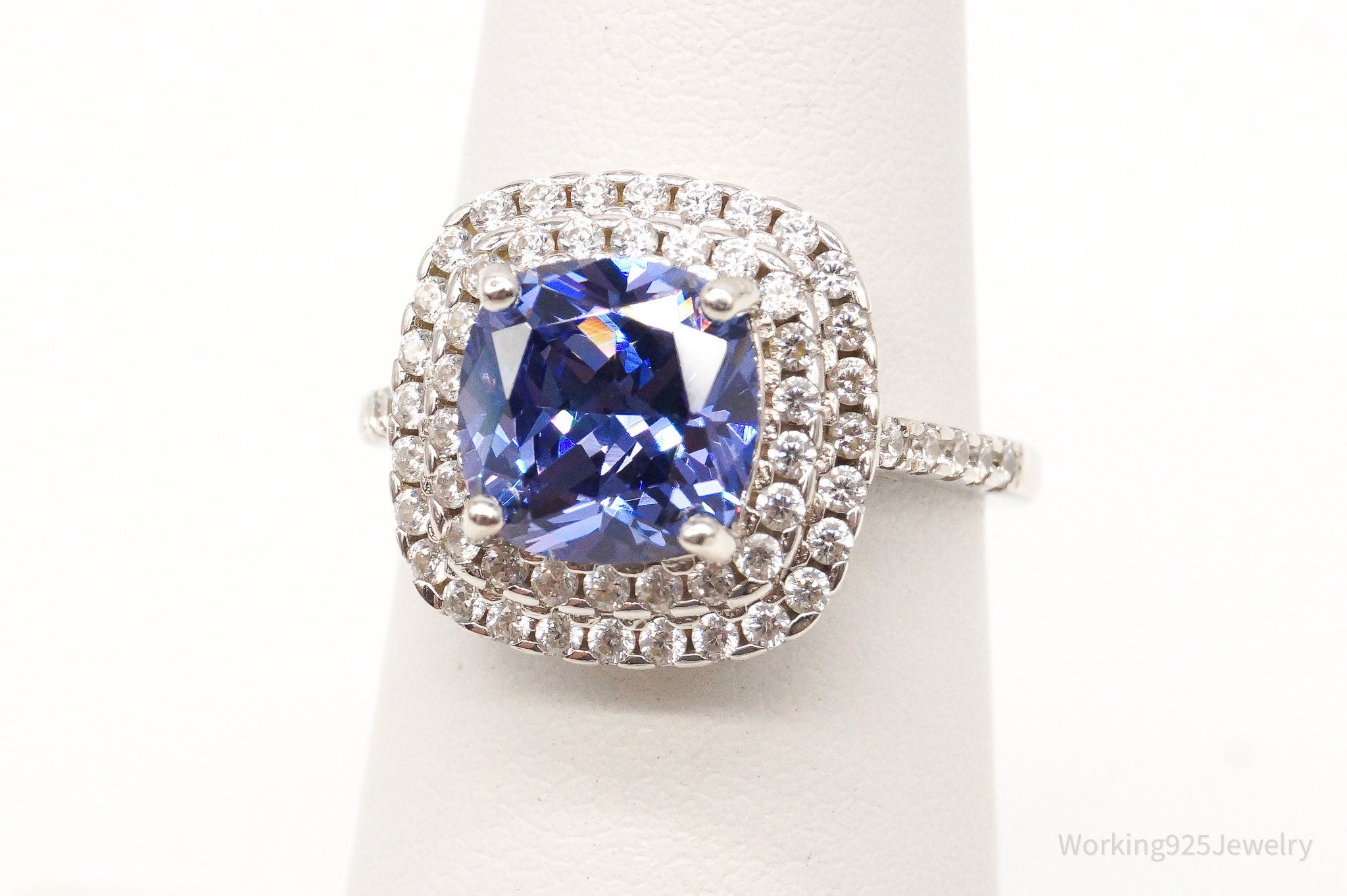 Blue & White Cubic Zirconia Sterling Silver Ring - Size 5