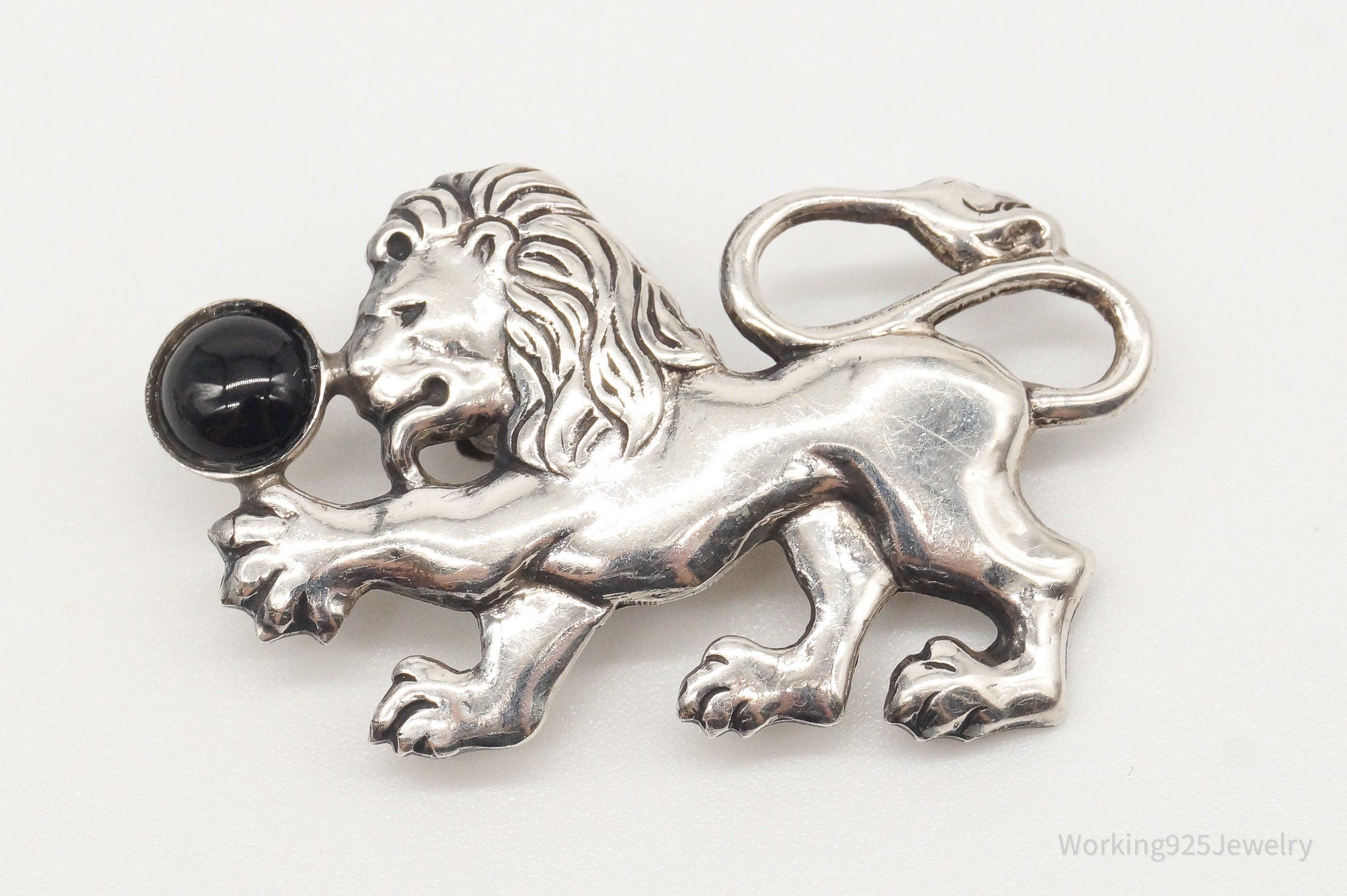 Antique Black Onyx Lion & Ball Silver Pin Brooch