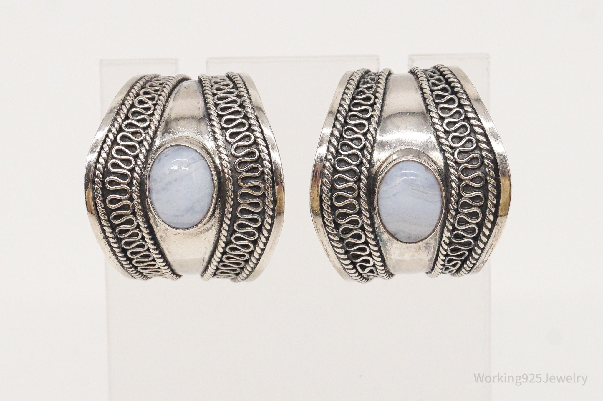 Vintage Designer BA Suarti Blue Lace Agate Sterling Silver Earrings