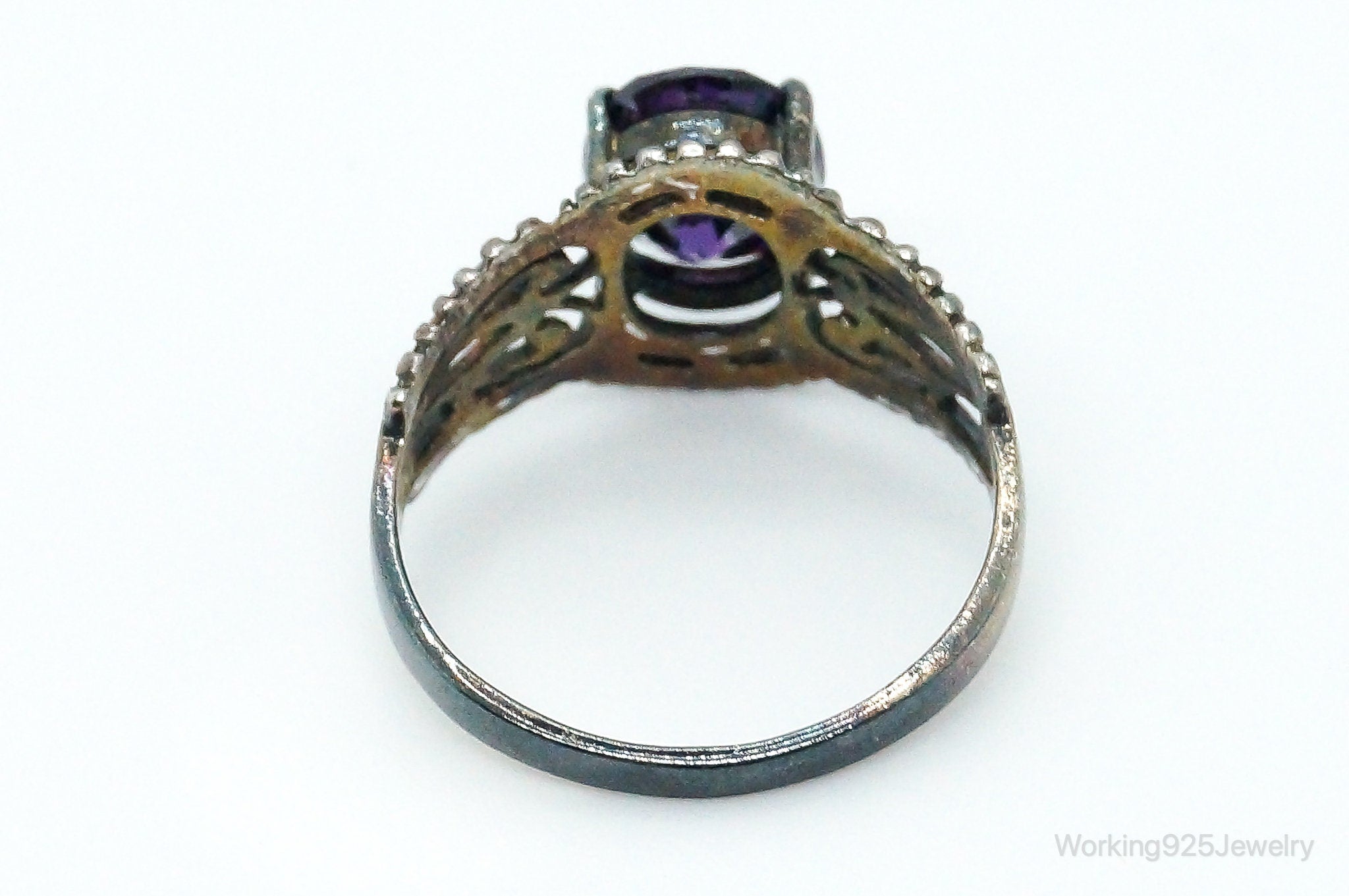 Vintage Amethyst Oxidized Sterling Silver Ring - Size 9