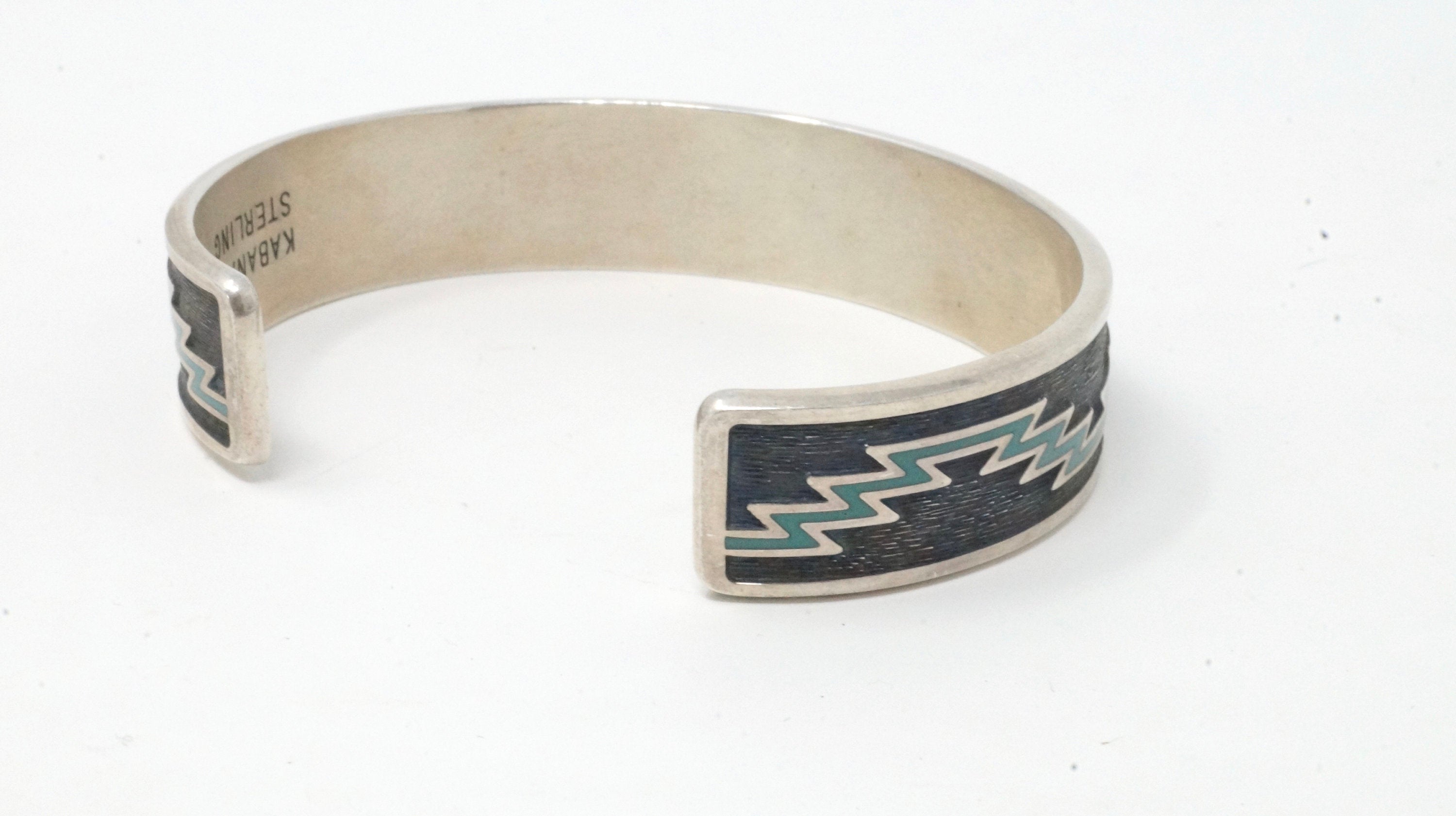 Vintage Designer KABANA Southwest Turquoise Inlay Sterling Silver Cuff Bracelet