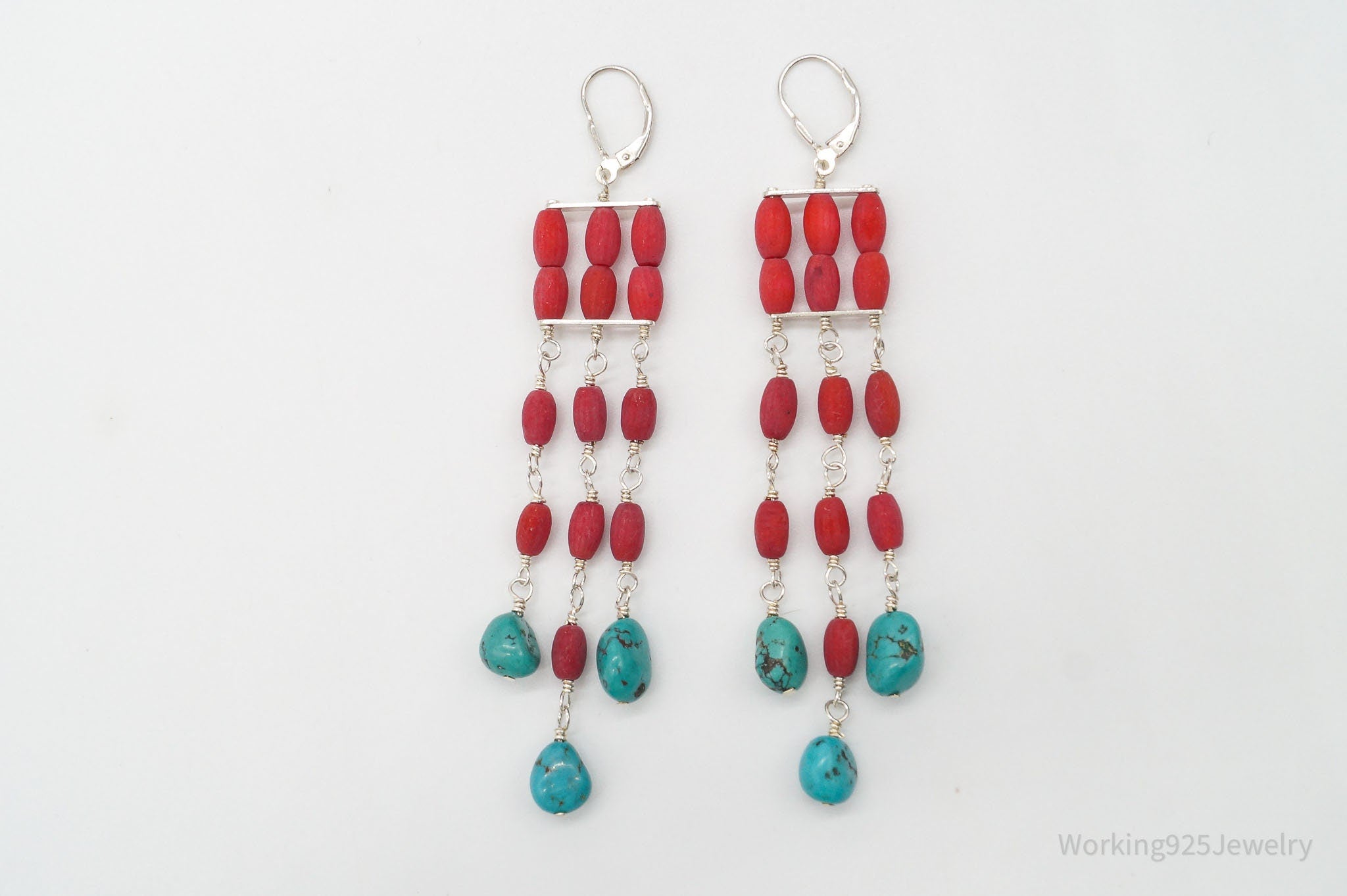 Designer SX Turquoise & Coral Sterling Silver Earrings