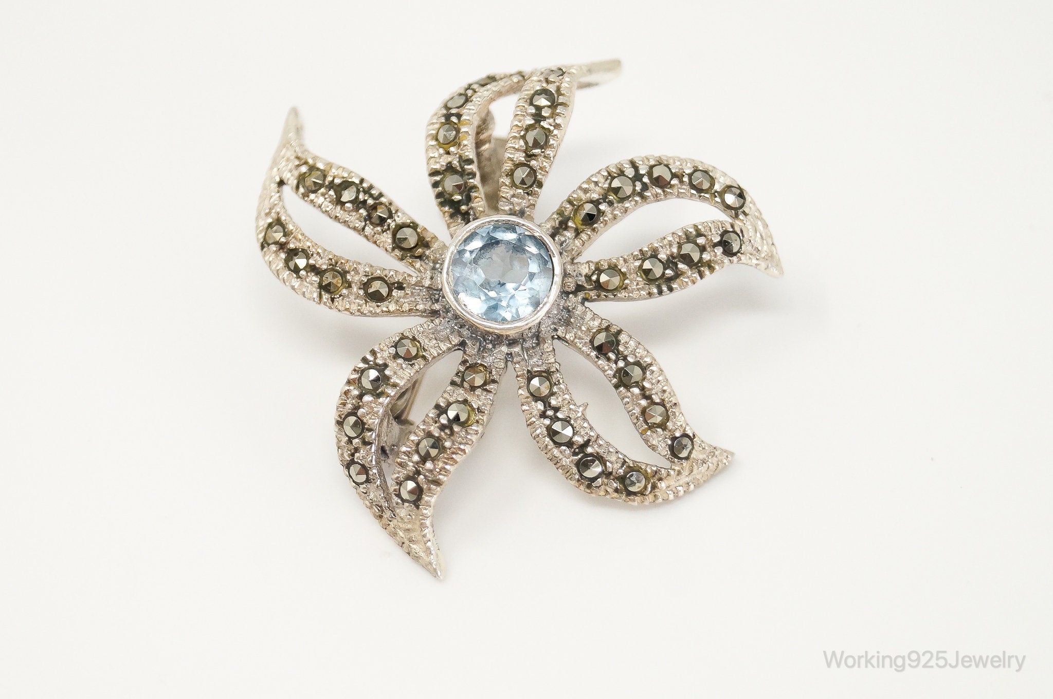 Vintage Blue Topaz Marcasite Art Deco Style Flower Sterling Silver Brooch Pin