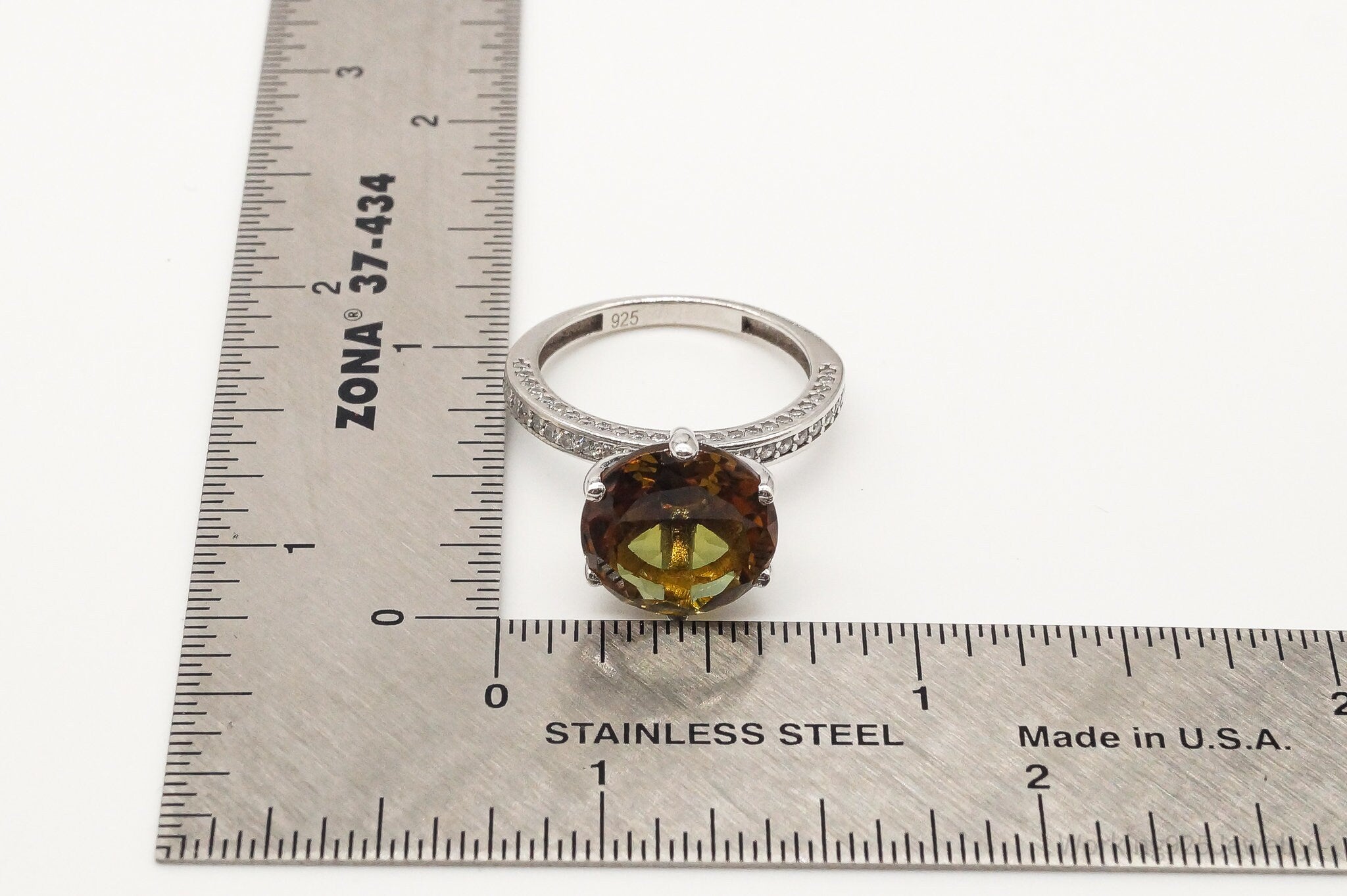 Vintage Large Citrine Cubic Zirconia Sterling Silver Ring Size 7.25