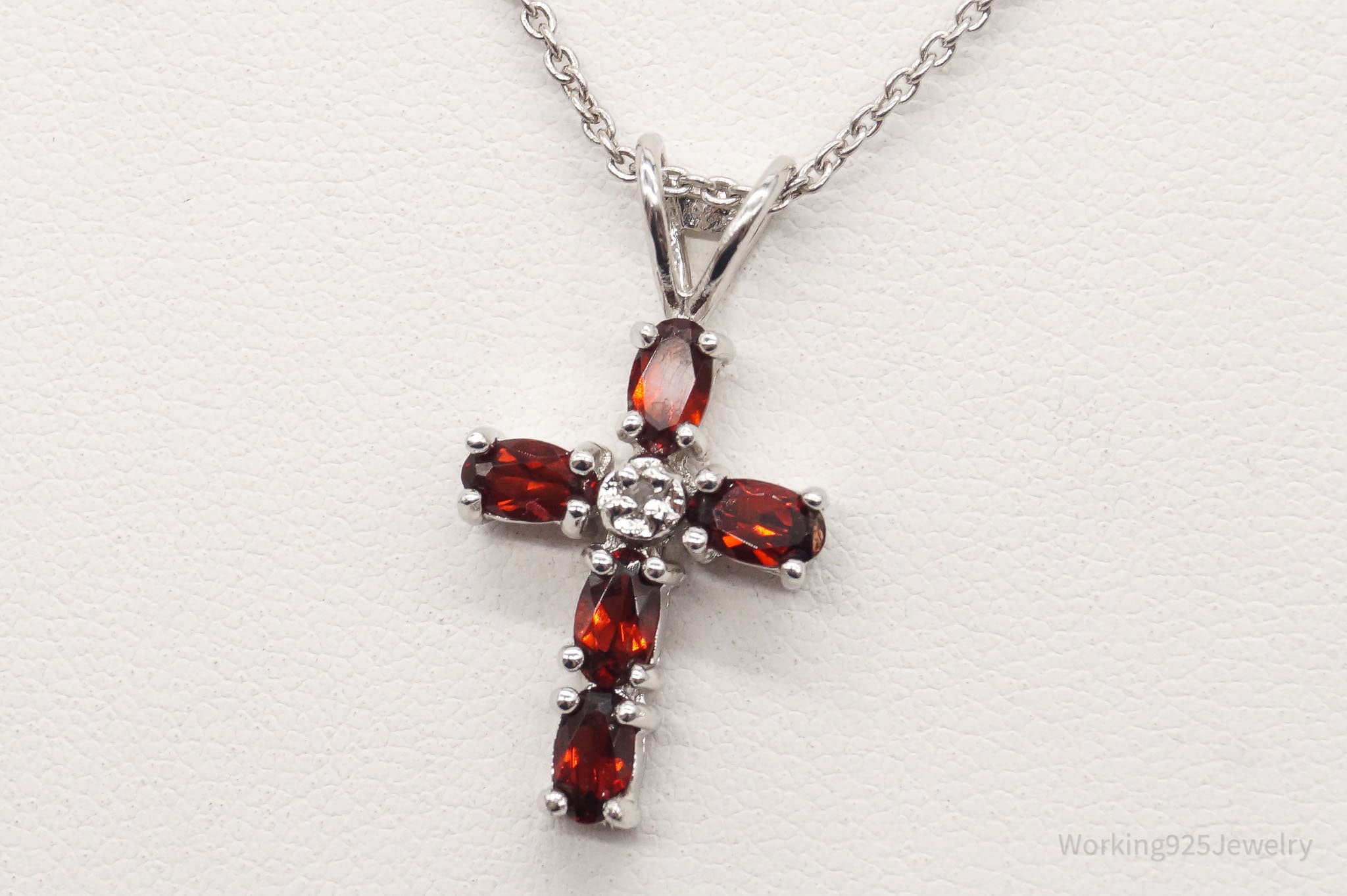 Vintage Garnet Diamond Cross Sterling Silver Necklace