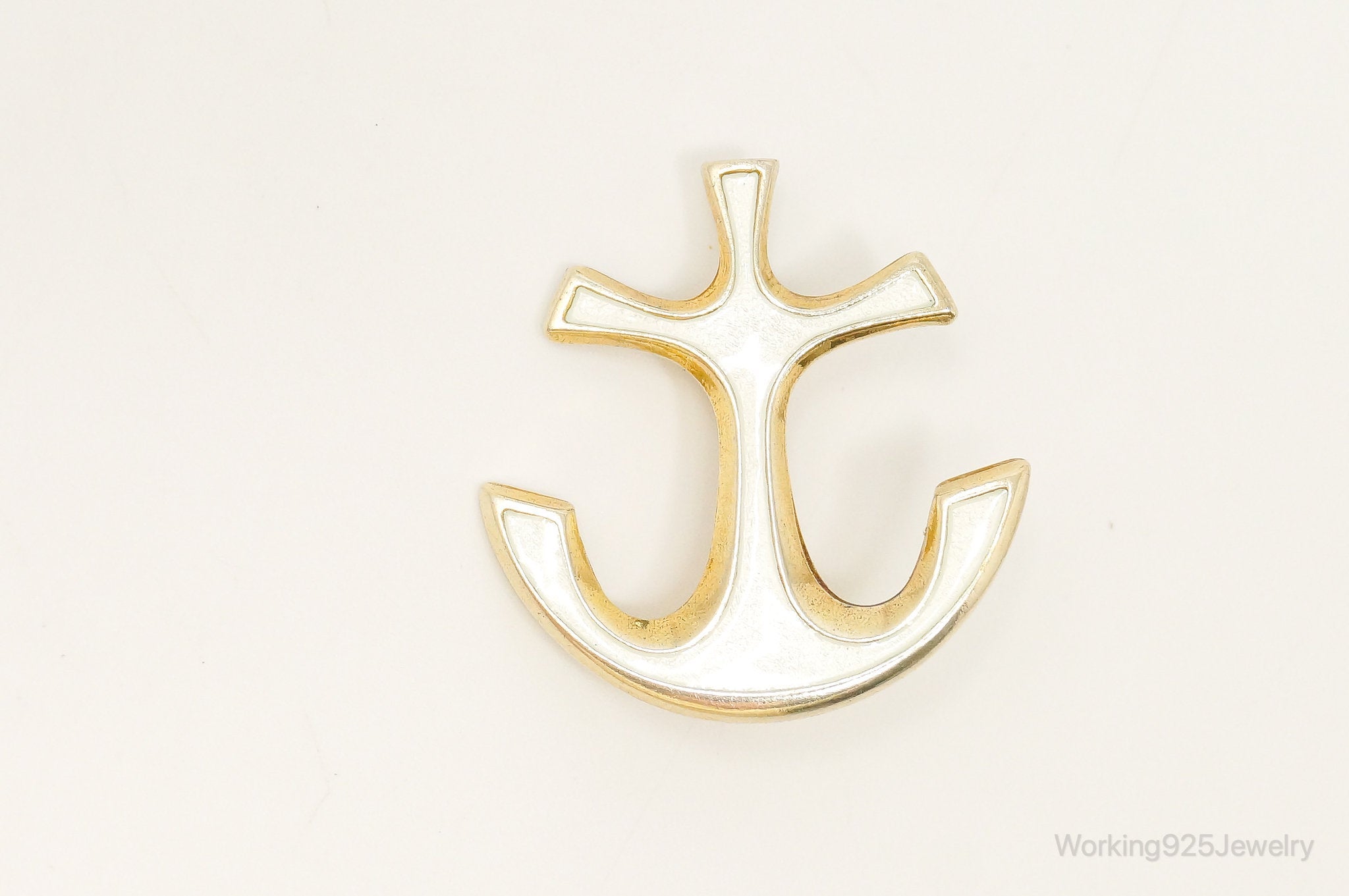 VTG David Andersen White Enamel Gold Vermeil Sterling Silver Anchor Brooch Pin