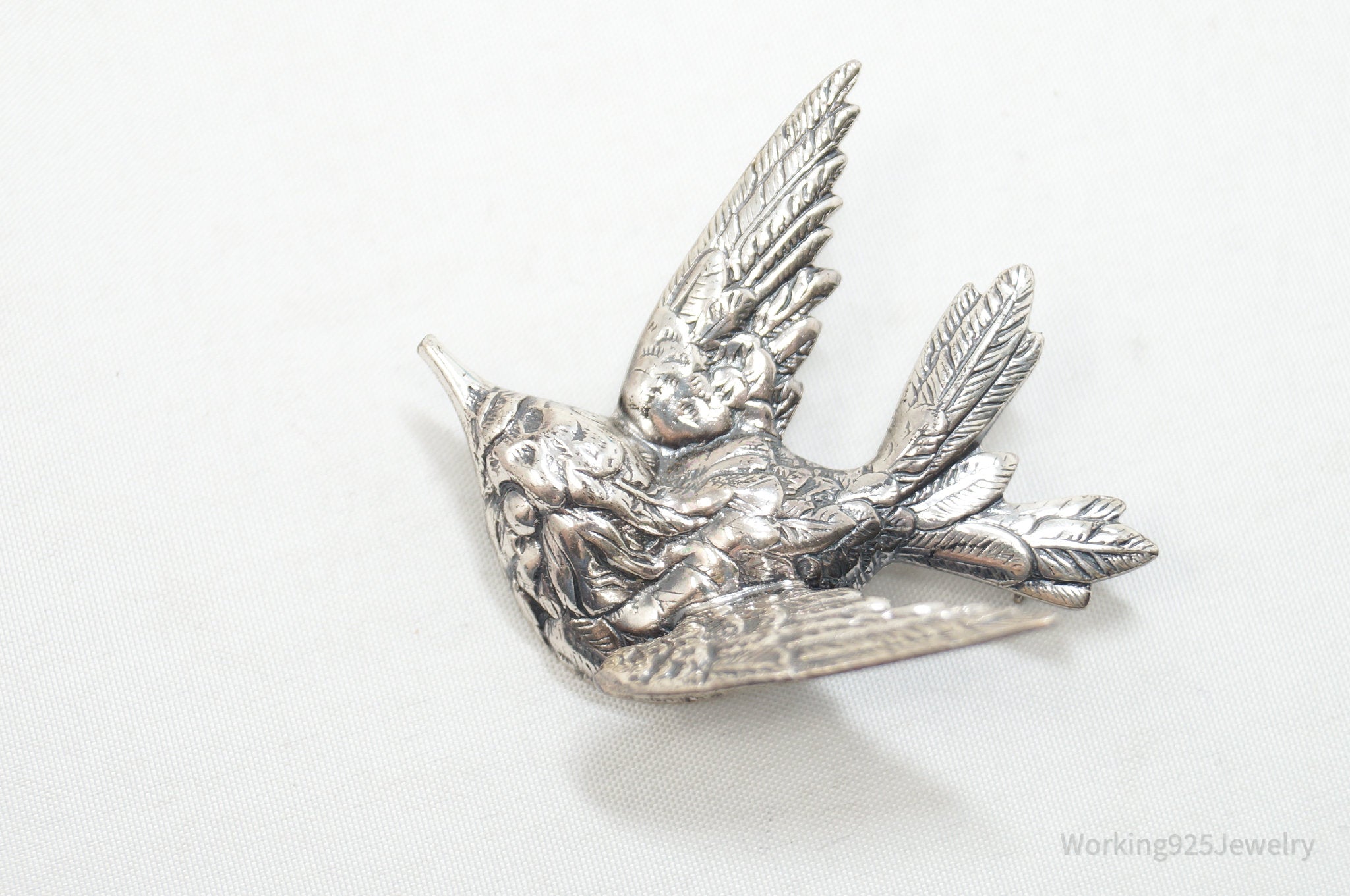 Vintage Designer JewelArt Humming Bird Sterling Silver Brooch Pin