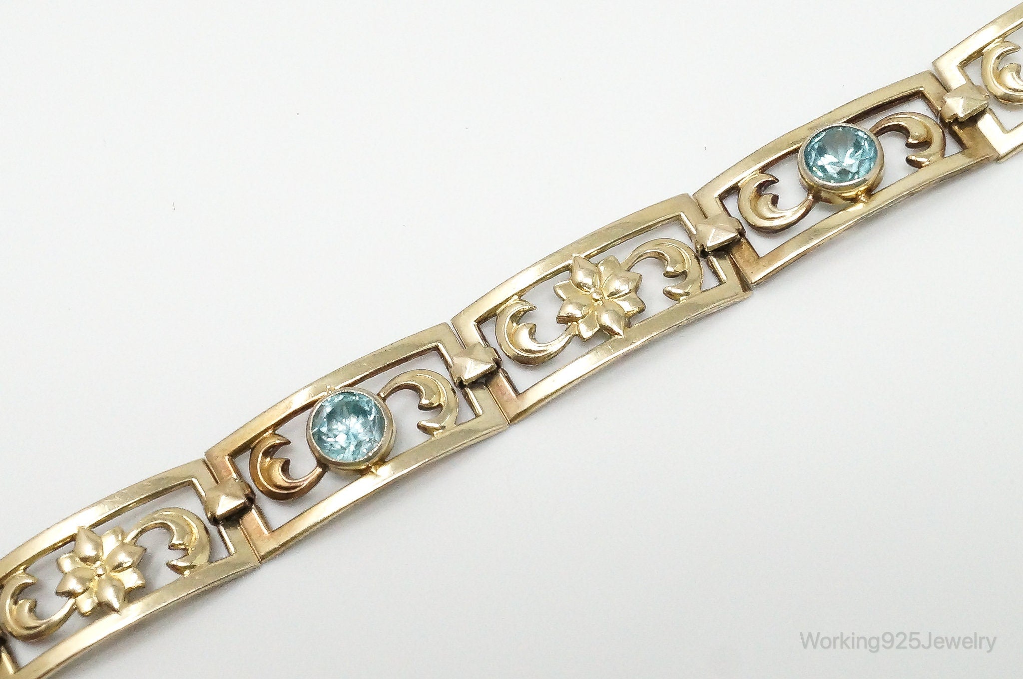 Vintage Designer Symmetalic 14K Gold Blue Topaz Art Deco SterlingSilver Bracelet