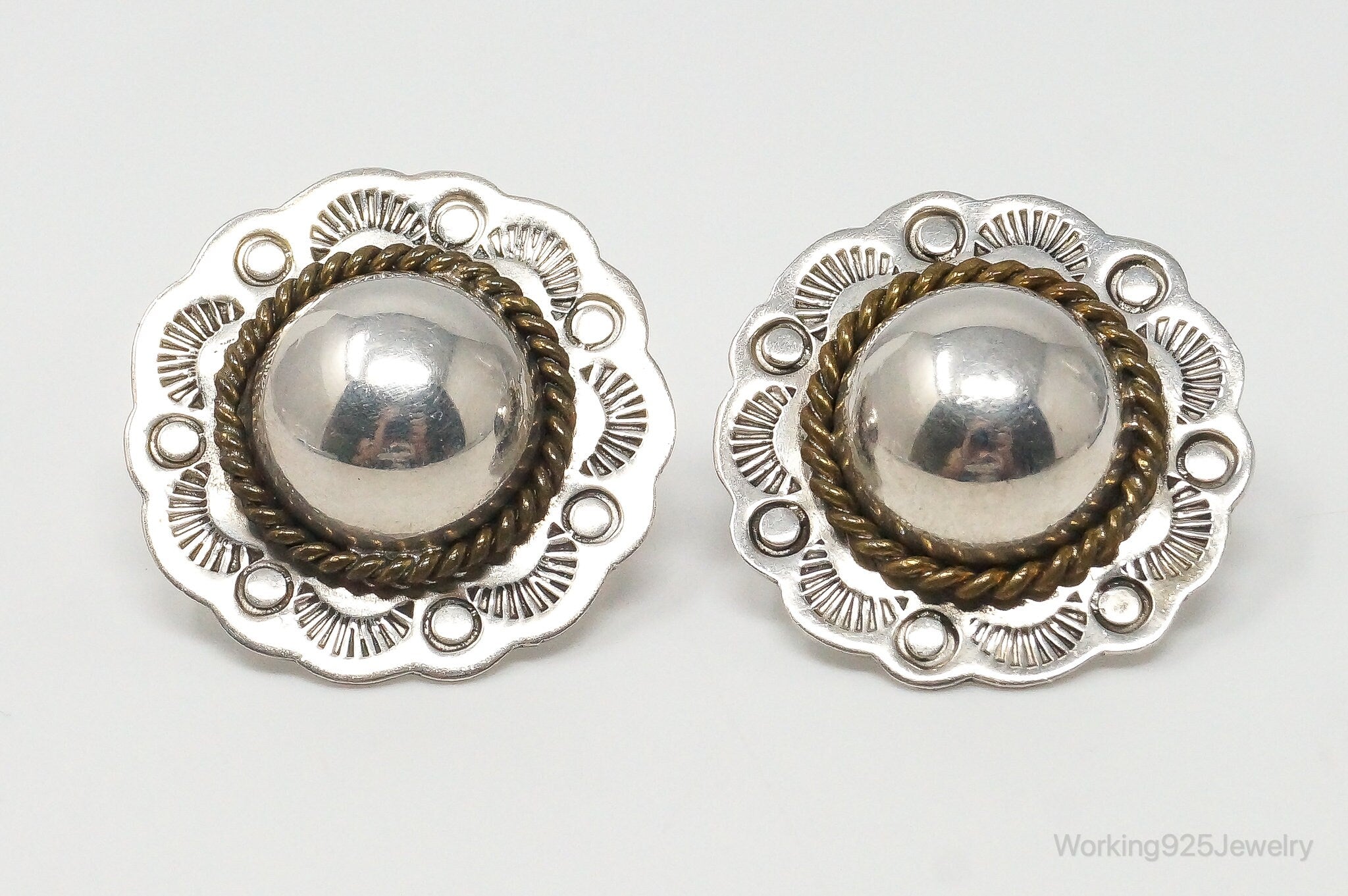 Vintage Handmade Mexico Sterling Silver Brass Stud Earrings