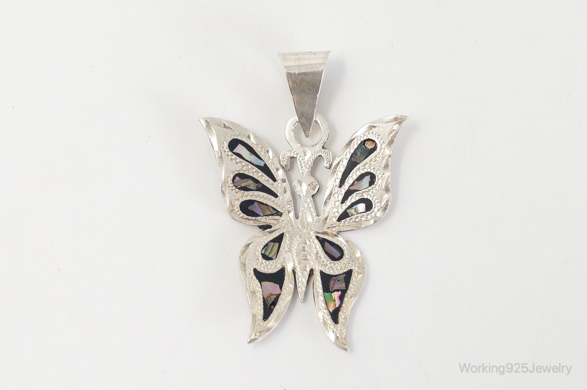 Large Vintage Mexico CC80 Abalone Etched Butterfly Sterling Silver Pendant