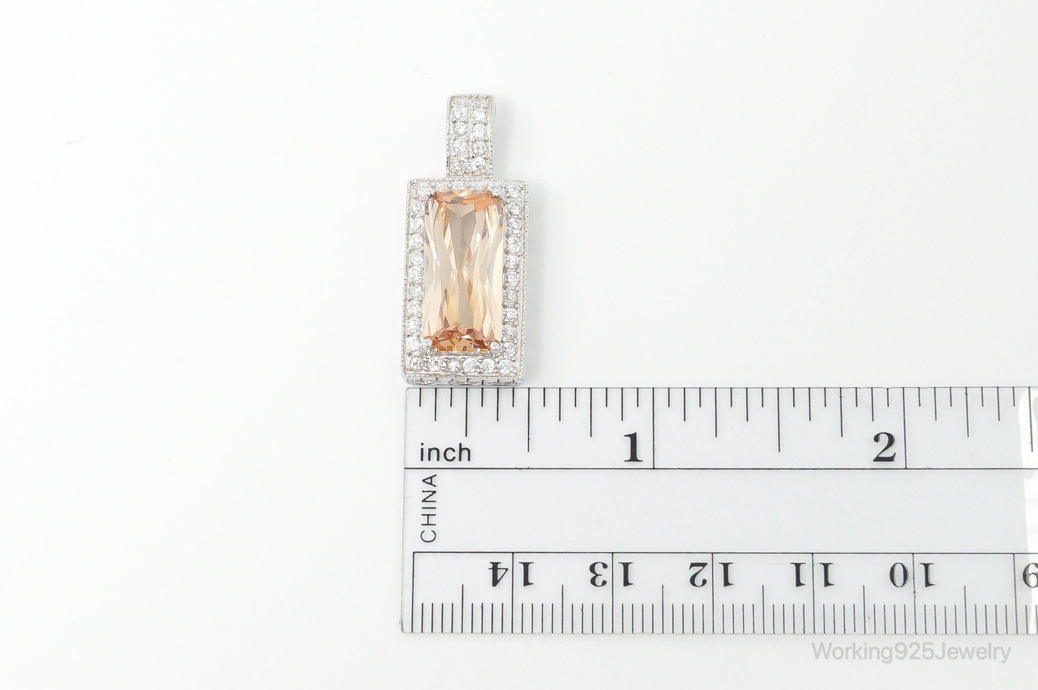 Large Vintage Art Deco Citrine Cubic Zirconia Sterling Silver Pendant