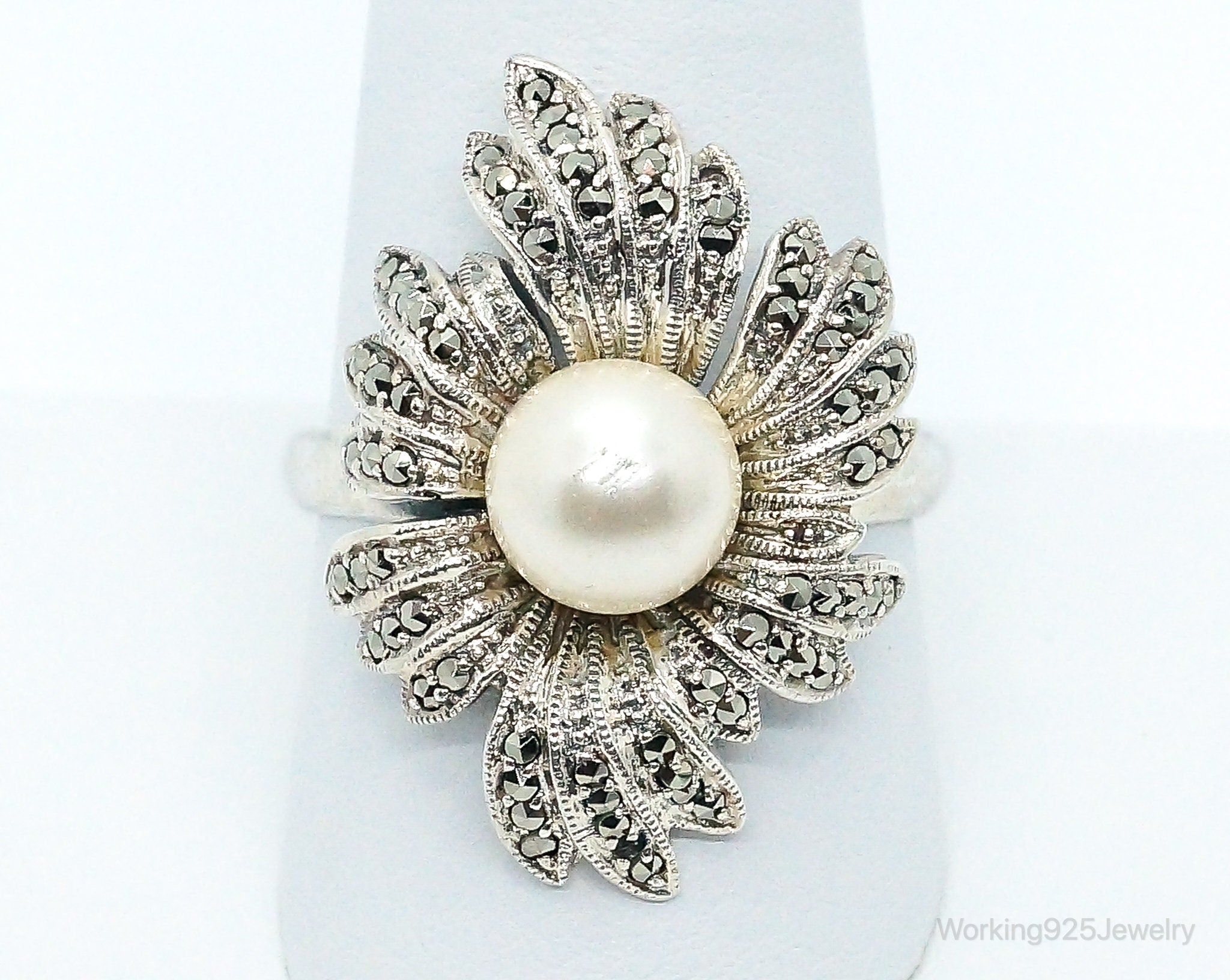 Vintage Faux Pearl Marcasite Sterling Silver Ring - Size 10