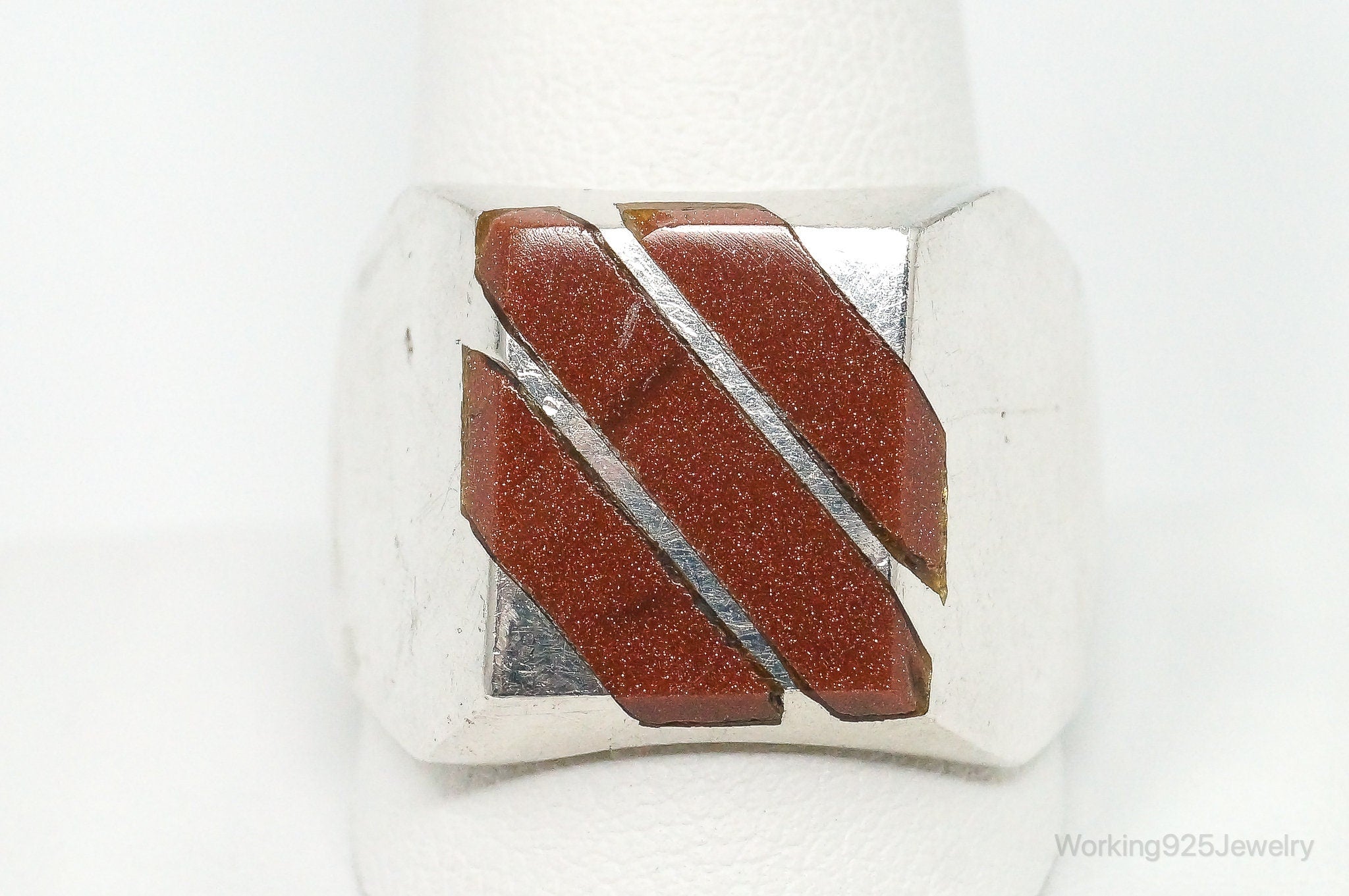 Large Vintage Mexico Goldstone Sterling Silver Ring - Size 11.75