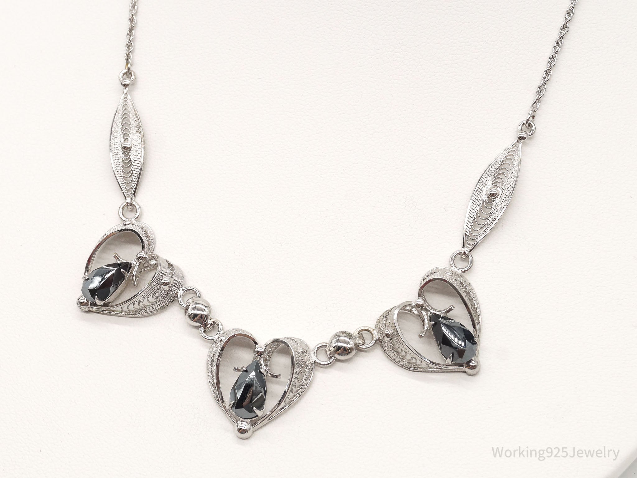 Vintage Designer Sorrento Hematite Filigree Hearts Sterling Silver Necklace