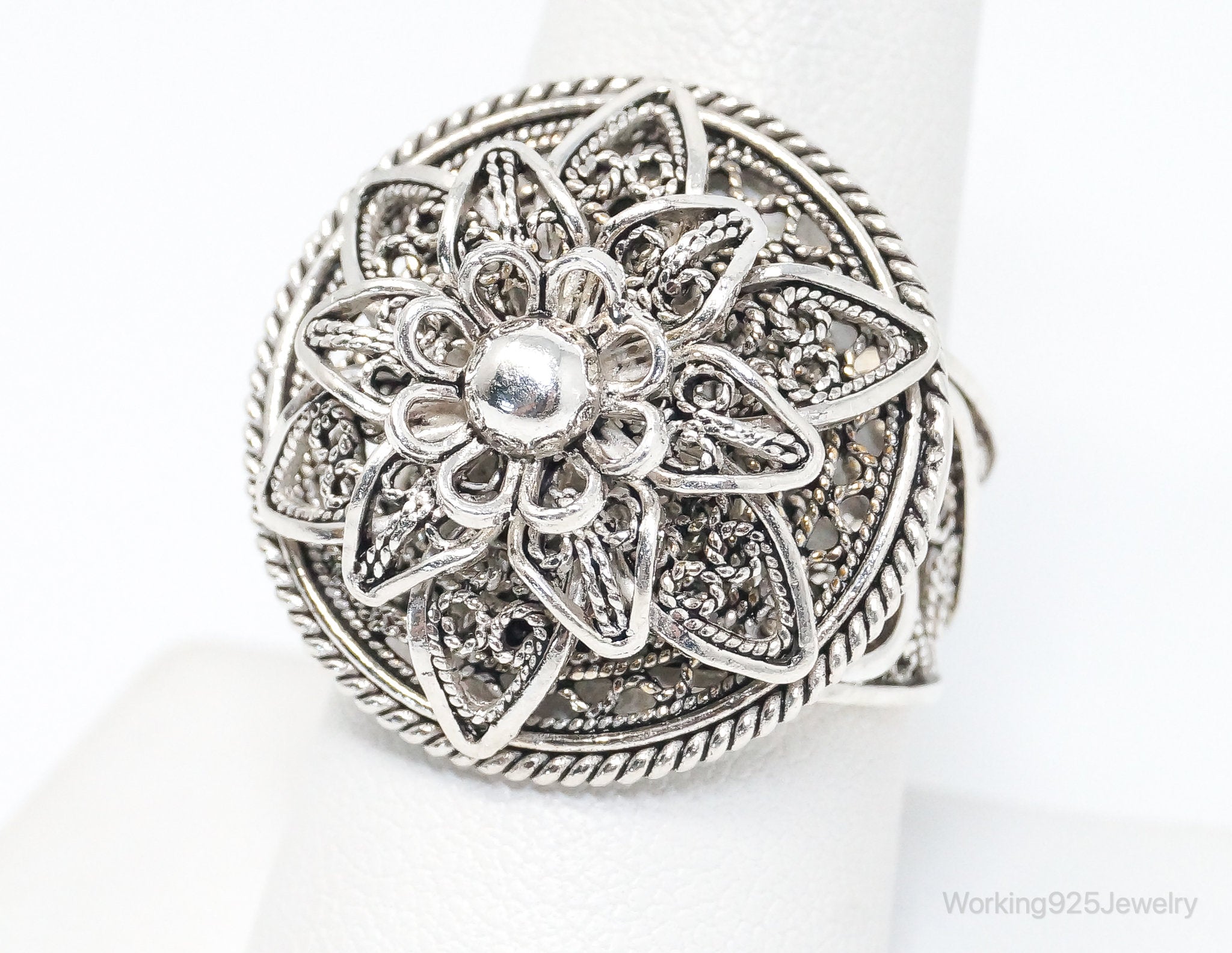 Vintage Designer DGS Flower Filigree Sterling Silver Ring - Size 9