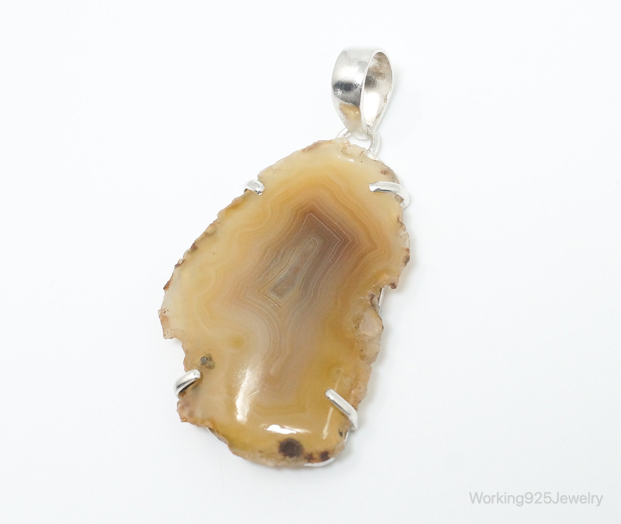 Large Vintage Brown Crazy Lace Agate Sterling Silver Necklace Pendant