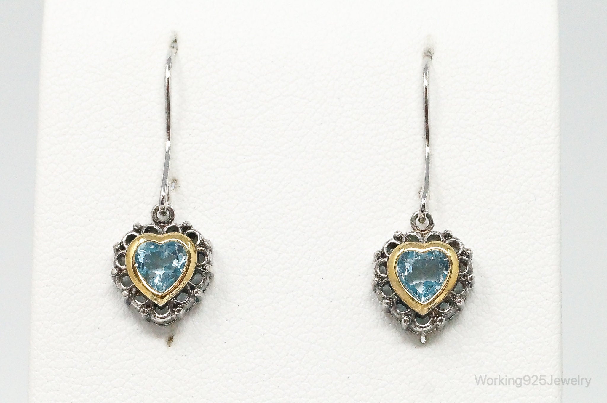 Vintage Blue Topaz Heart Art Deco Sterling Silver Earrings