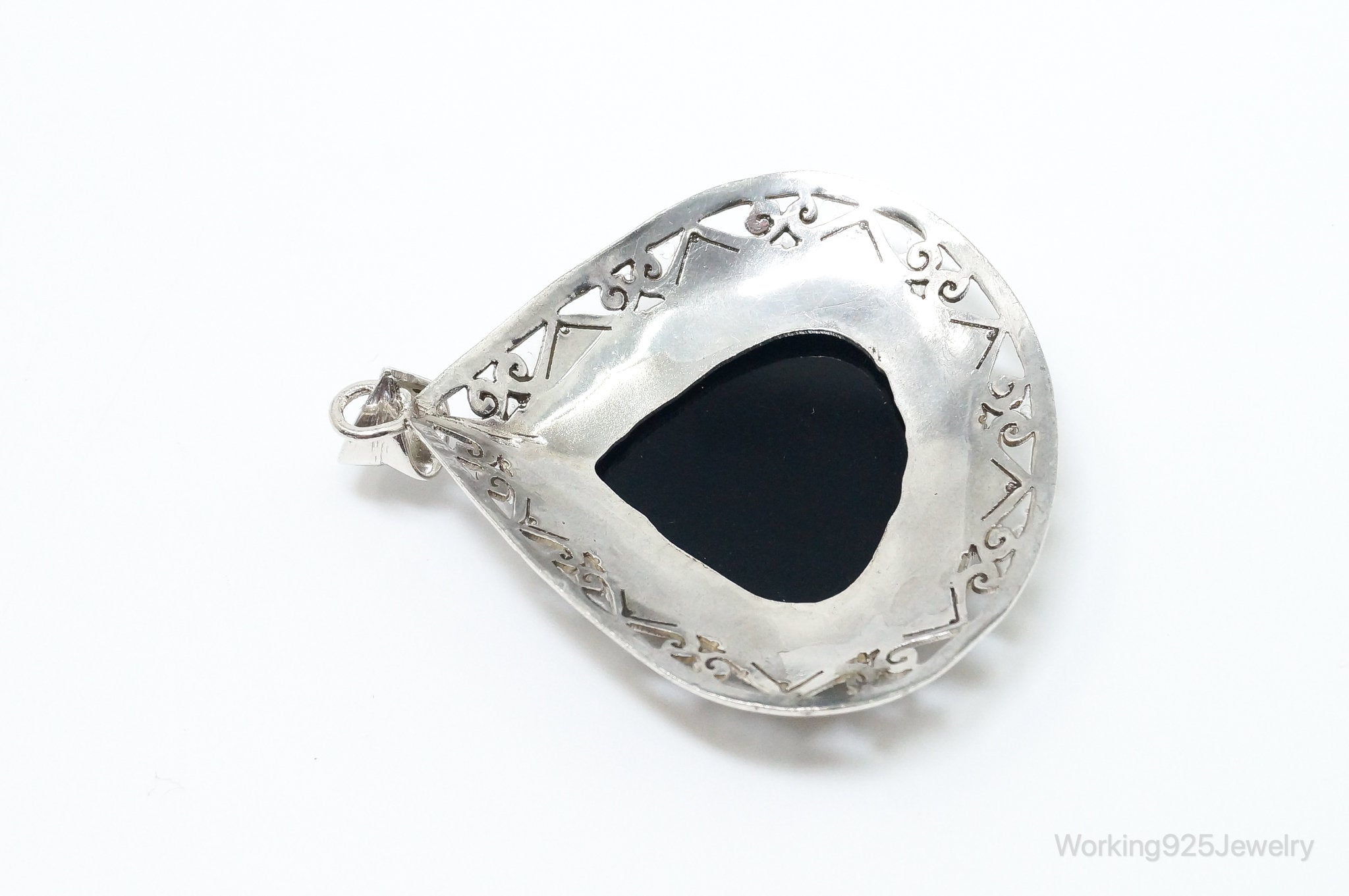 Large Vintage Black Onyx Bali Style Sterling Silver Necklace Pendant