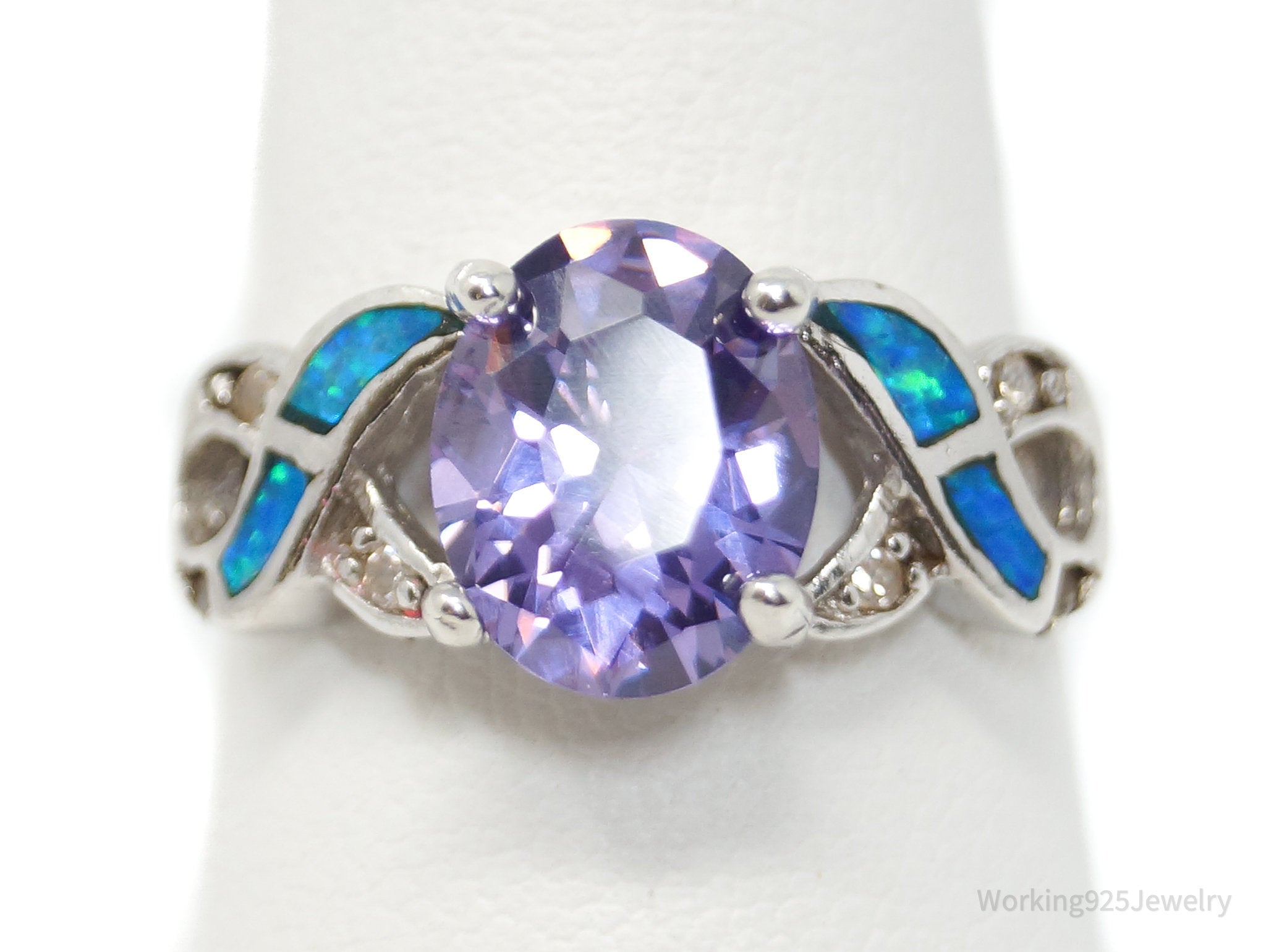 Vintage Designer Amethyst CZ Opal Sterling Silver Ring - Sz 8