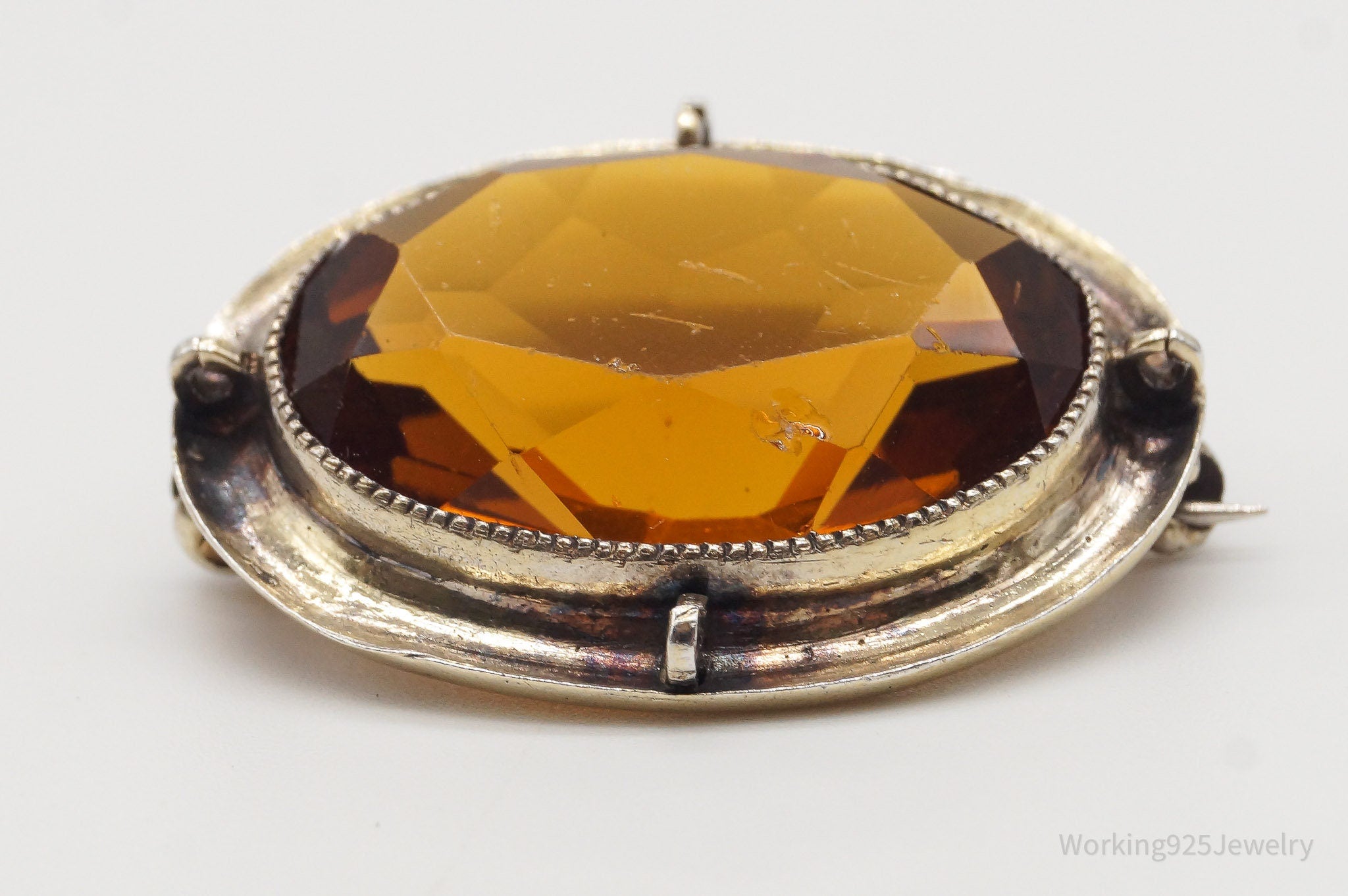 Antique Large Orange Glass Gold Tone Sterling Silver Brooch Pin