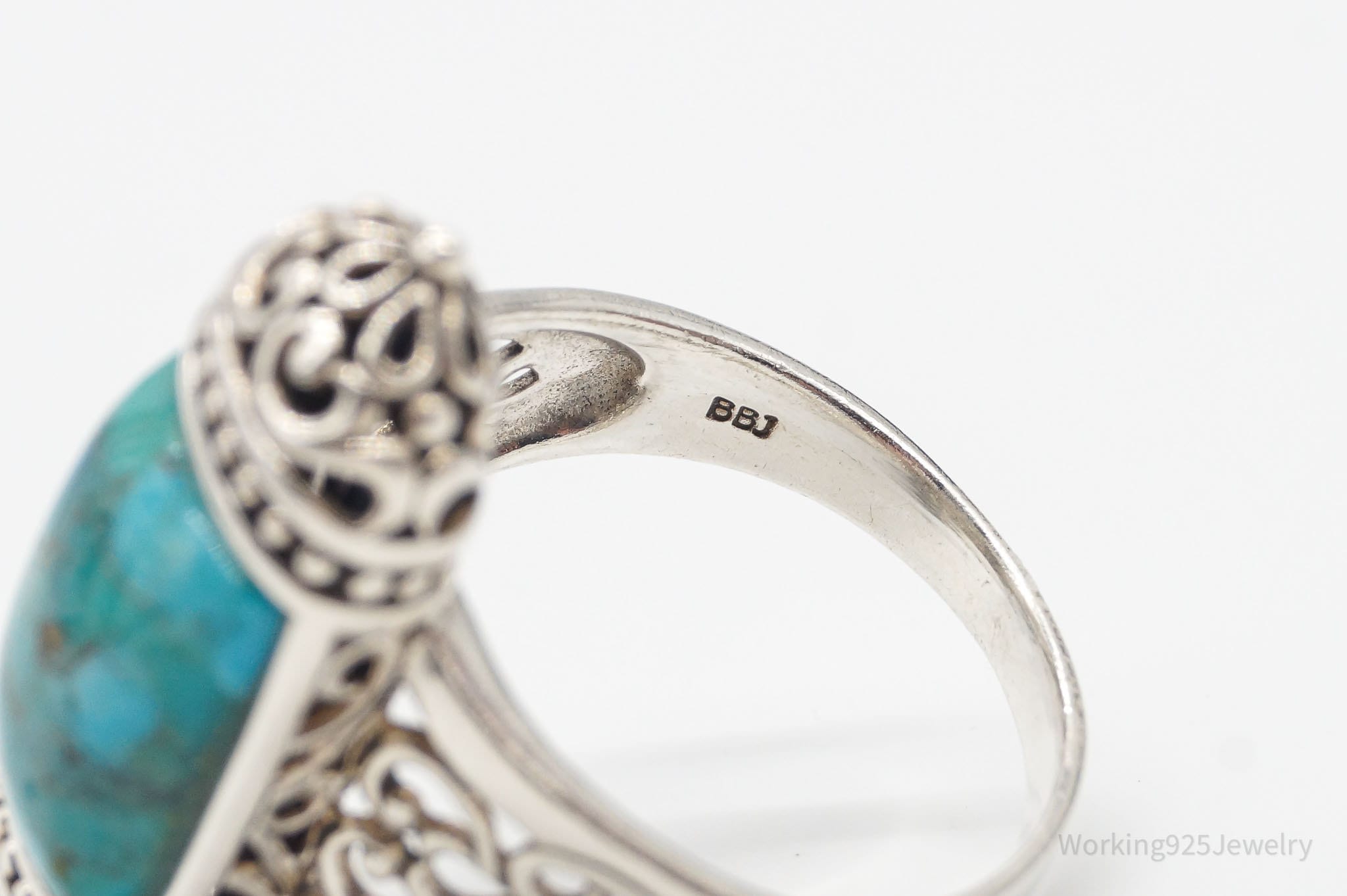 Designer BBJ Turquoise Filigree Sterling Silver Ring - Size 9.5