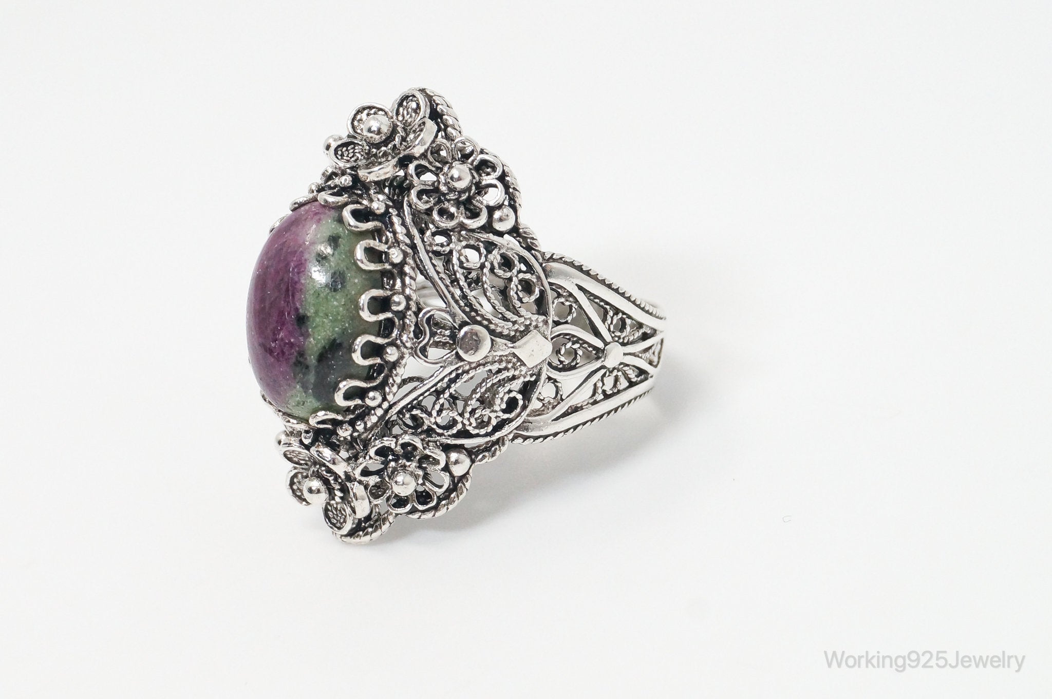 Vintage Designer DGS Ruby Zoisite Filigree Sterling Silver Ring - Size 10