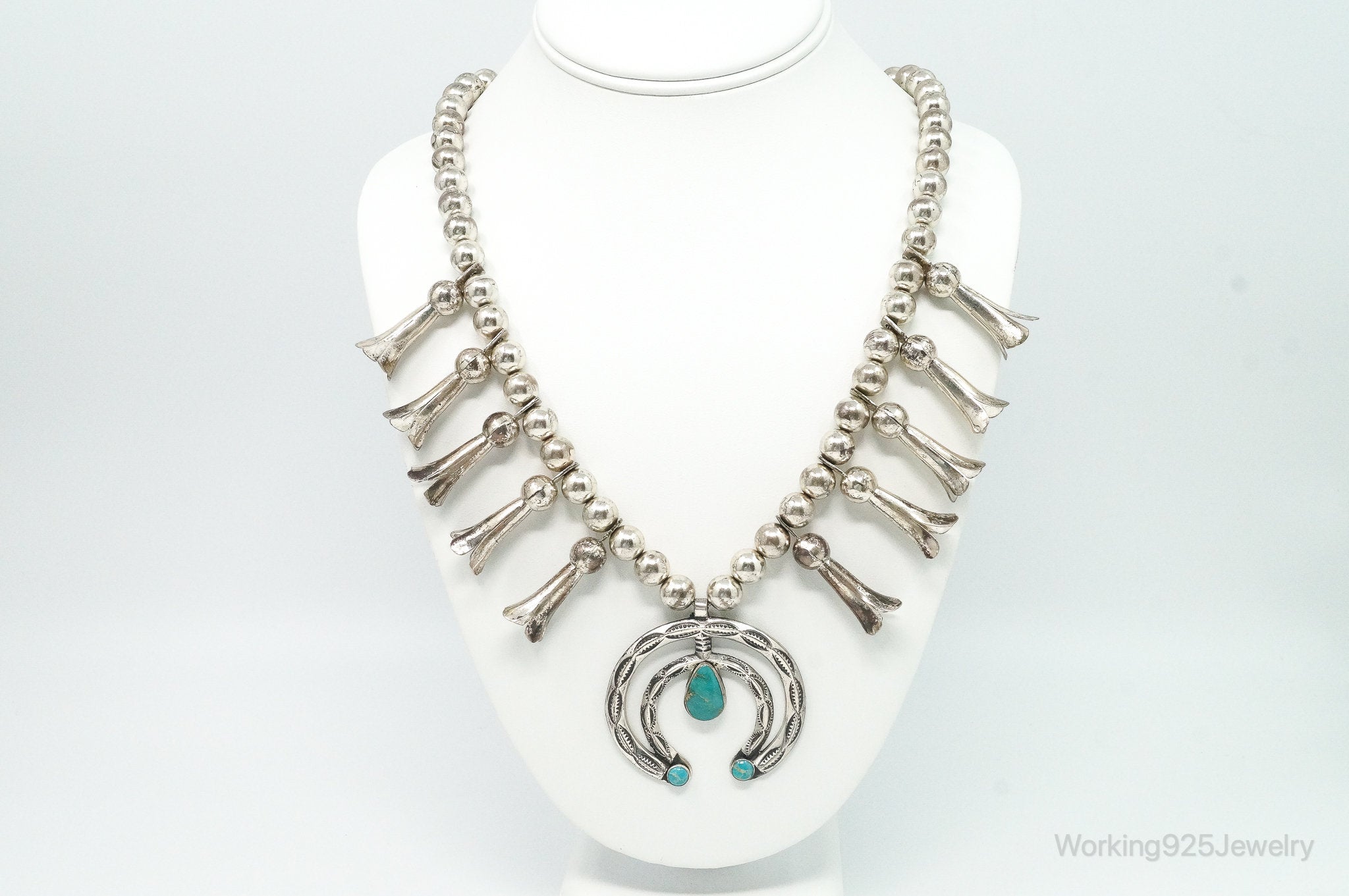 Native American Bell Trading Turquoise Squash Blossom Sterling Silver Necklace