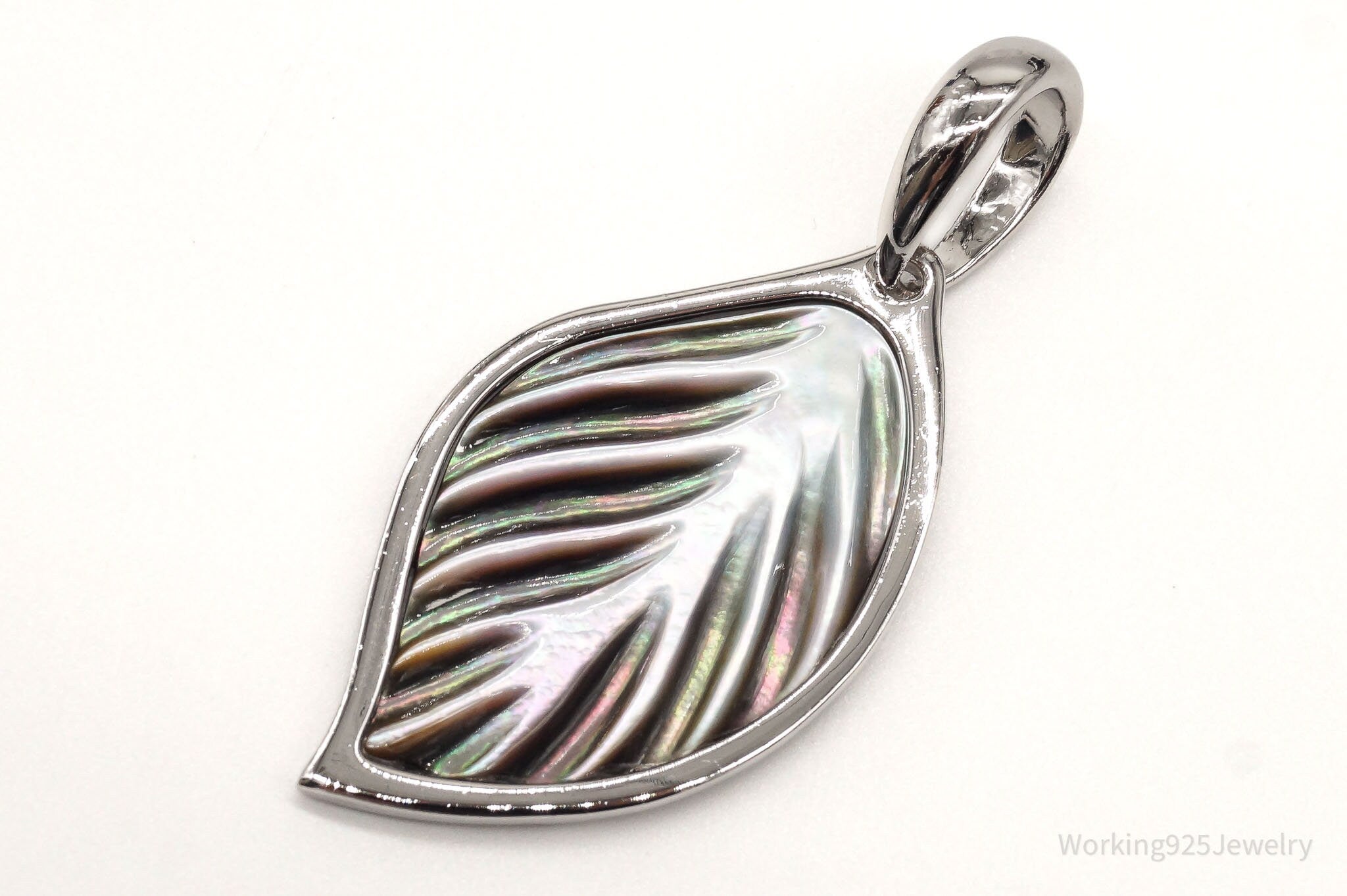 Large Vintage Carved Abalone Shell Sterling Silver Leaf Pendant