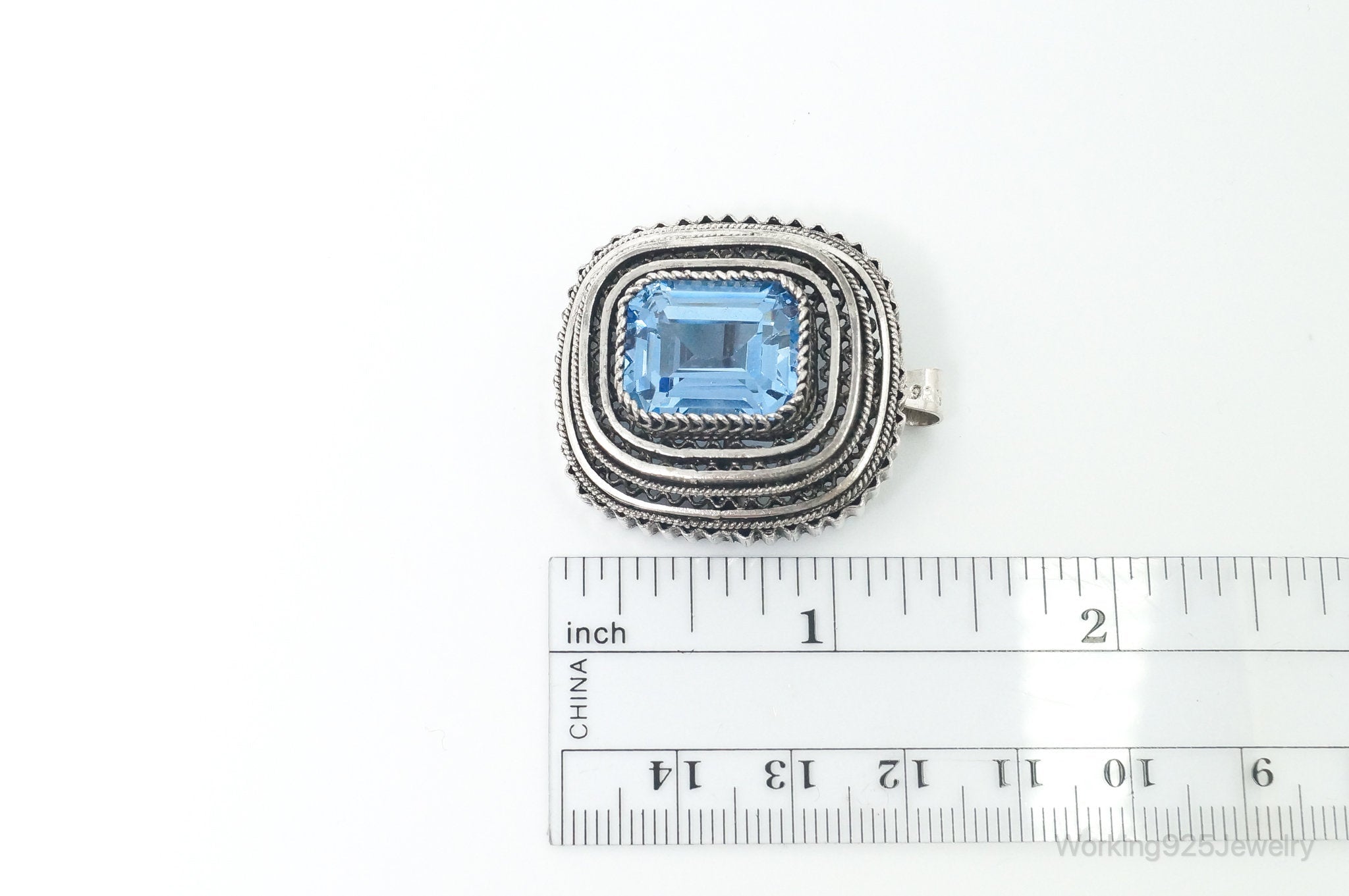 Large Vintage Art Deco Blue Topaz Sterling Silver Brooch Pendant