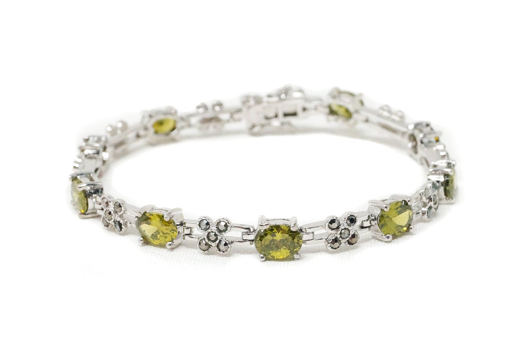 Vintage Art Deco Peridot Marcasite Floral Sterling Silver Tennis Bracelet