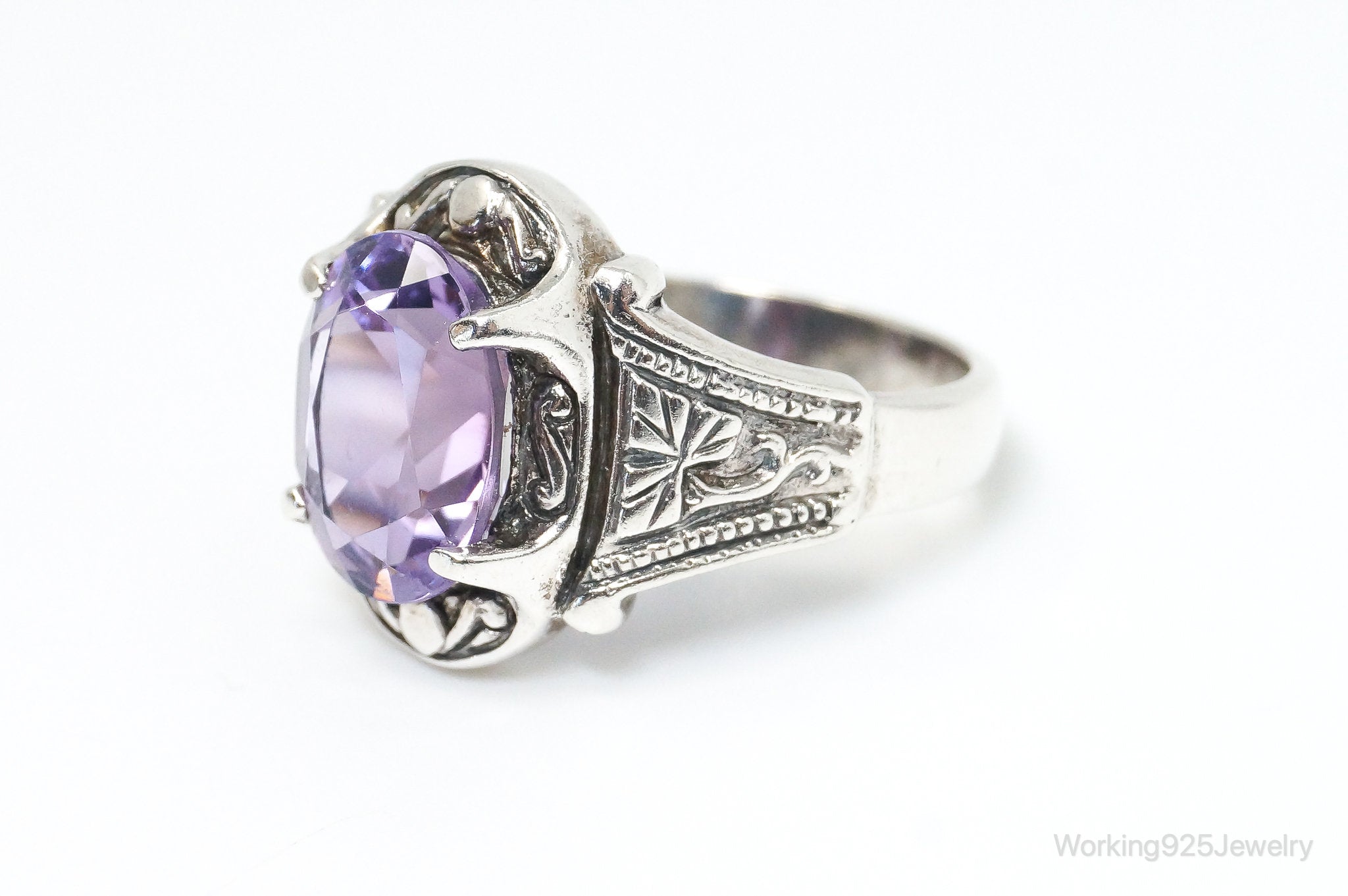 Vintage Designer PD Art Deco Amethyst Sterling Silver Ring - Size 8