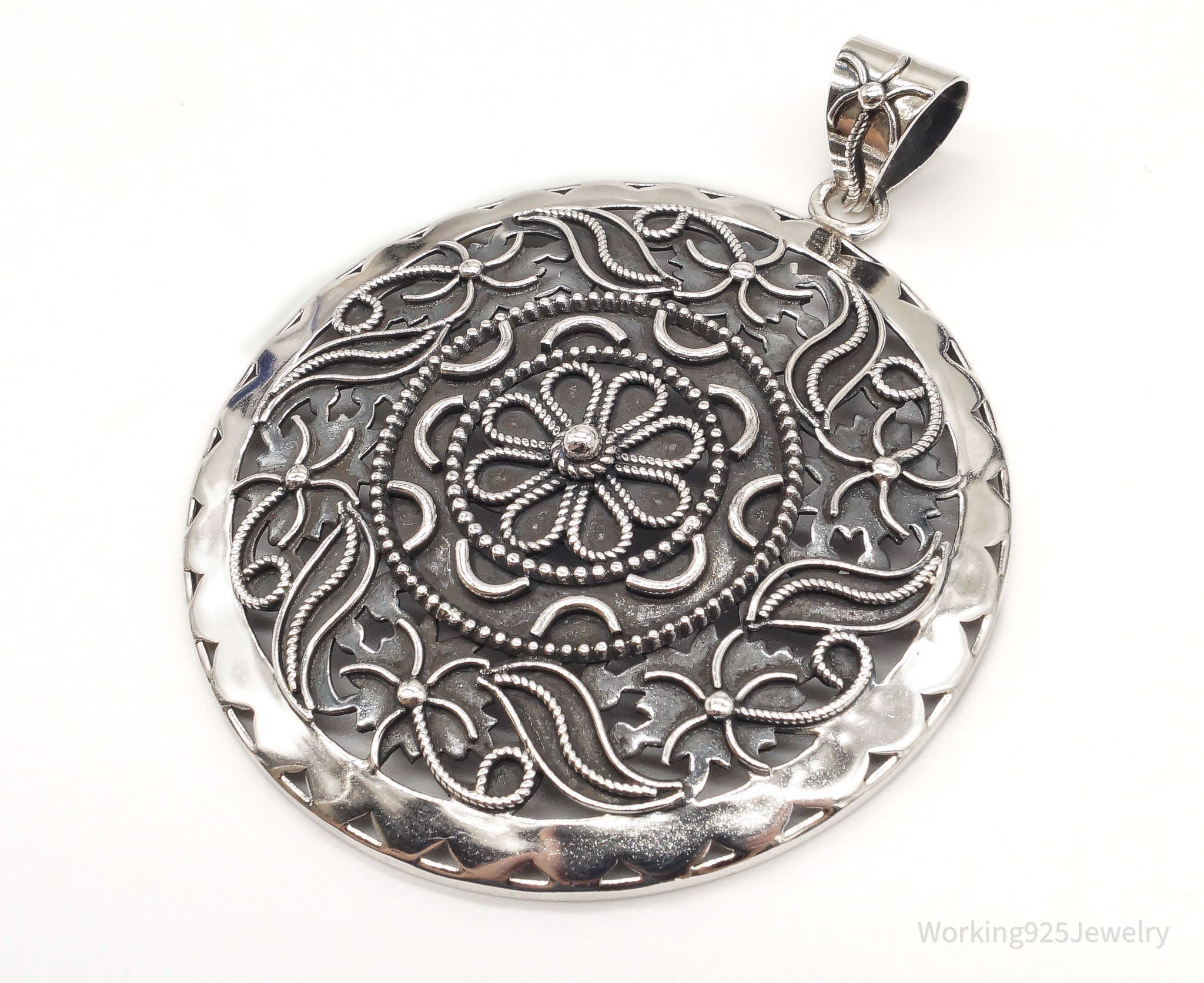 Large India Designer Doug Paulus Ornate Flower Sterling Silver Pendant