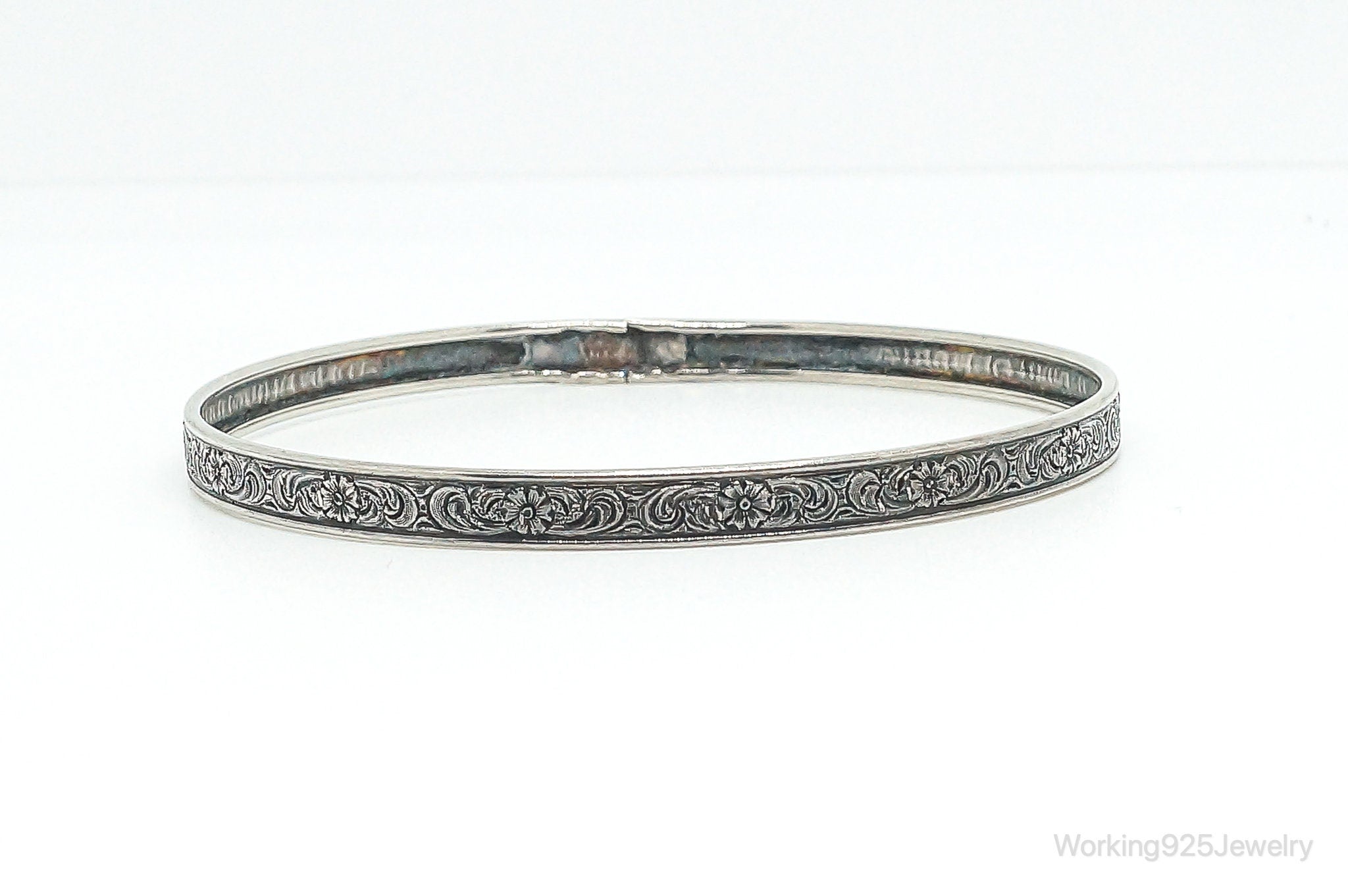 Antique Floral Pattern Sterling Silver Bangle Bracelet