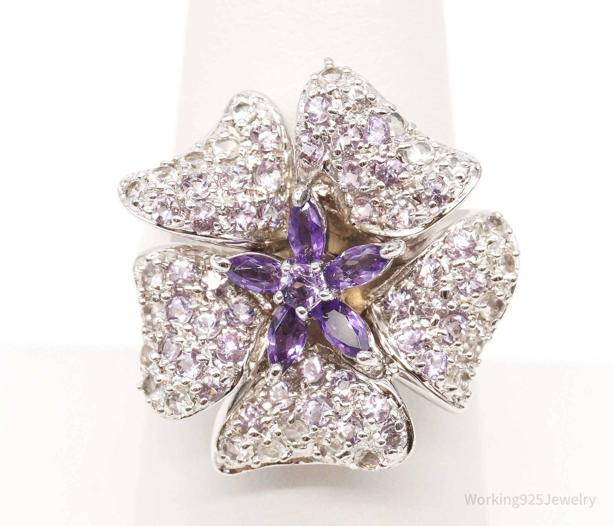 Designer Ross Simons Amethyst Cubic Zirconia Sterling Silver Flower Ring SZ 7.25