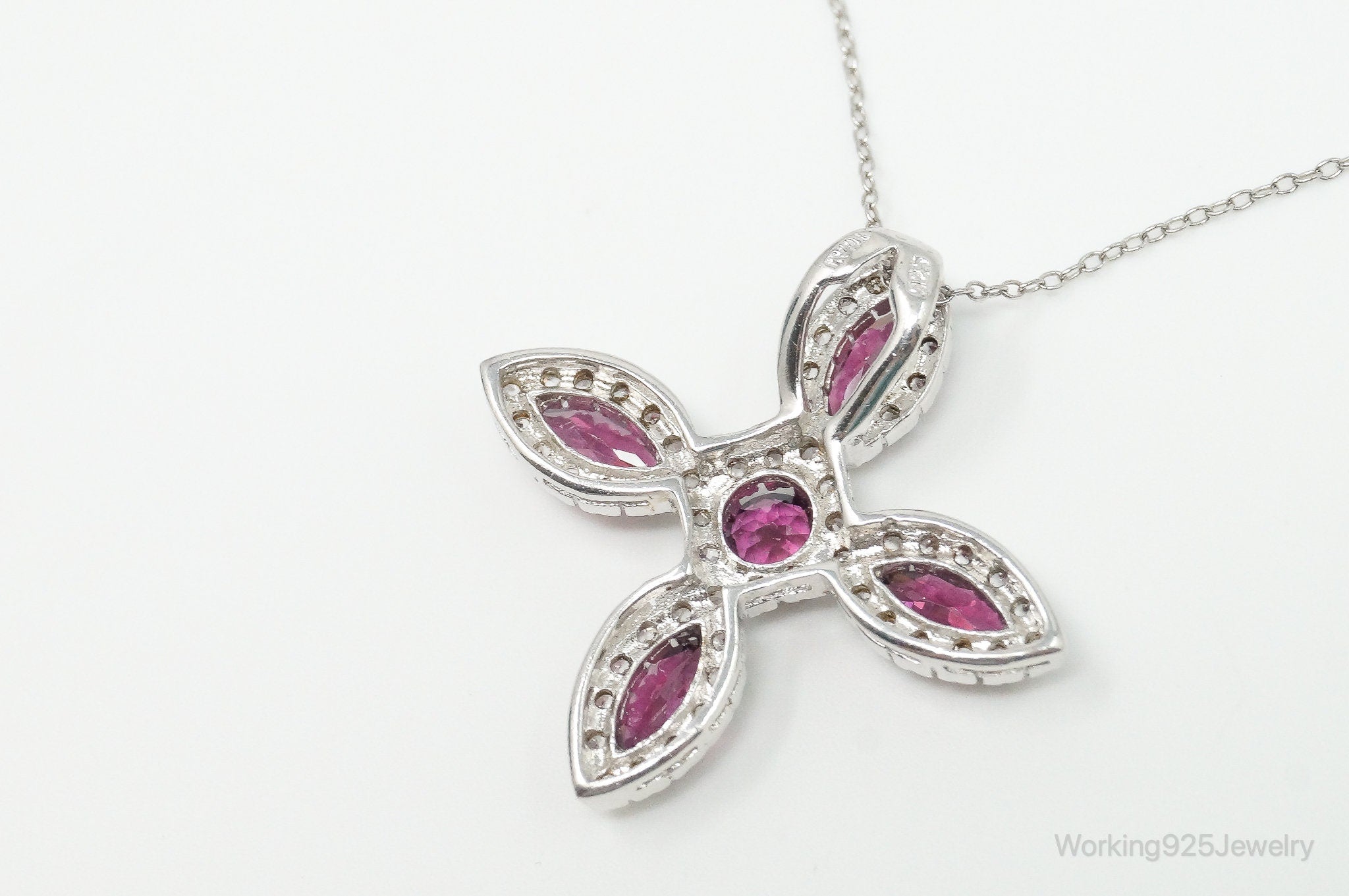 Large Rhodolite Garnet Cubic Zirconia Sterling Silver Necklace