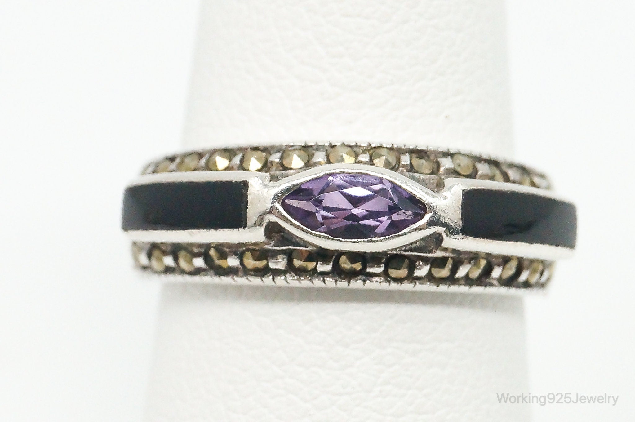 Vintage Amethyst Black Onyx Marcasite Sterling Silver Ring - Size 6