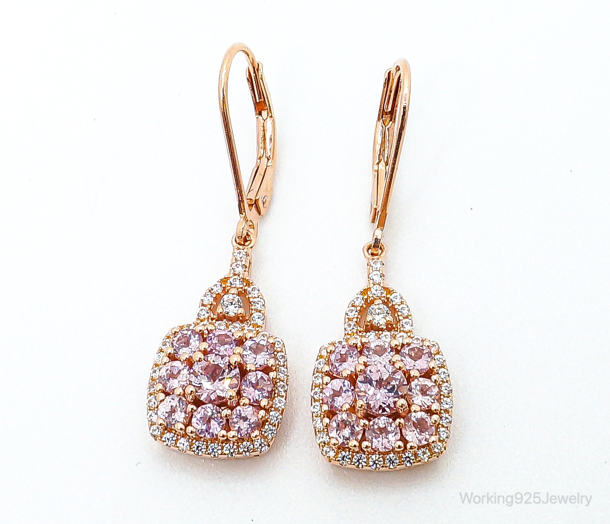 Designer DK Pink & White CZ Rose Gold Vermeil Sterling Silver Earrings