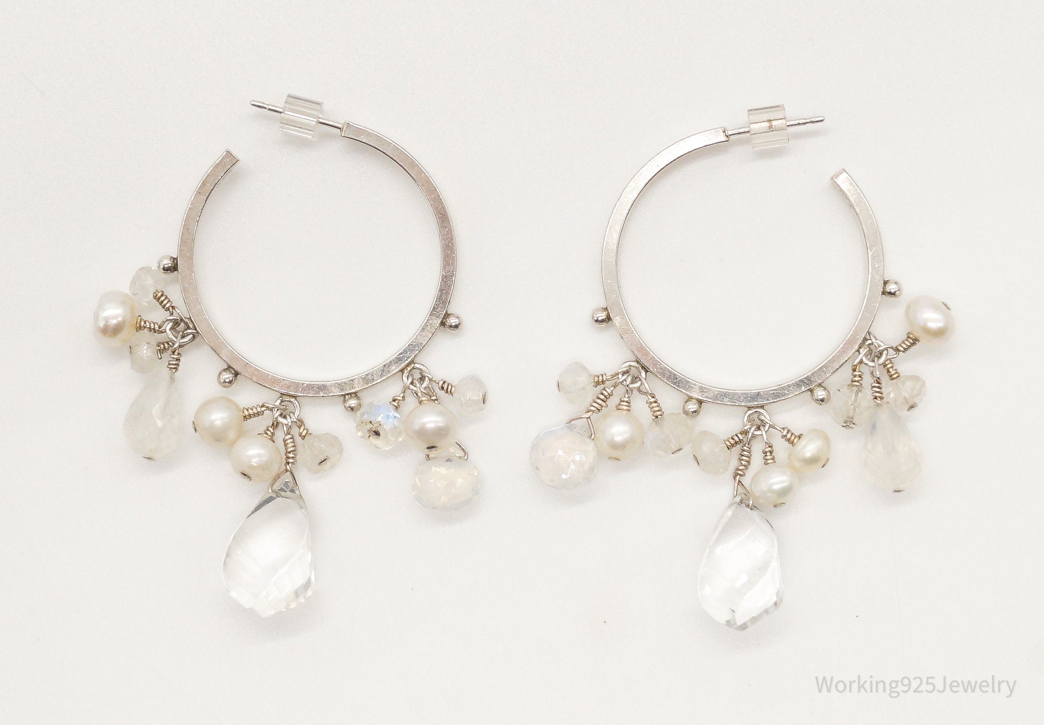 Vintage Crystal Quartz Pearl Moonstone Sterling Silver Hoop Earrings