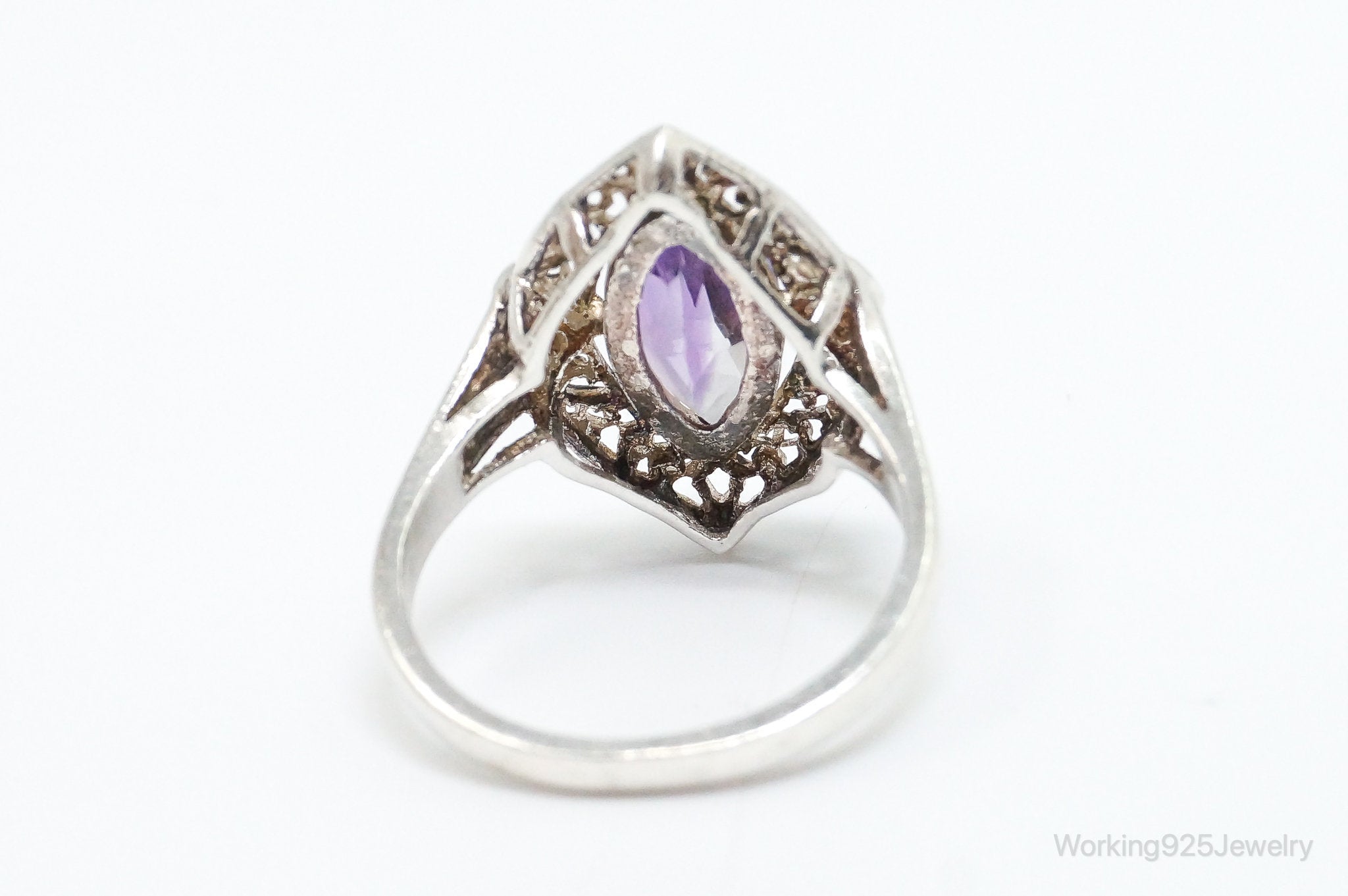 Vintage Art Deco Amethyst Sterling Silver Ring - SZ 9.25