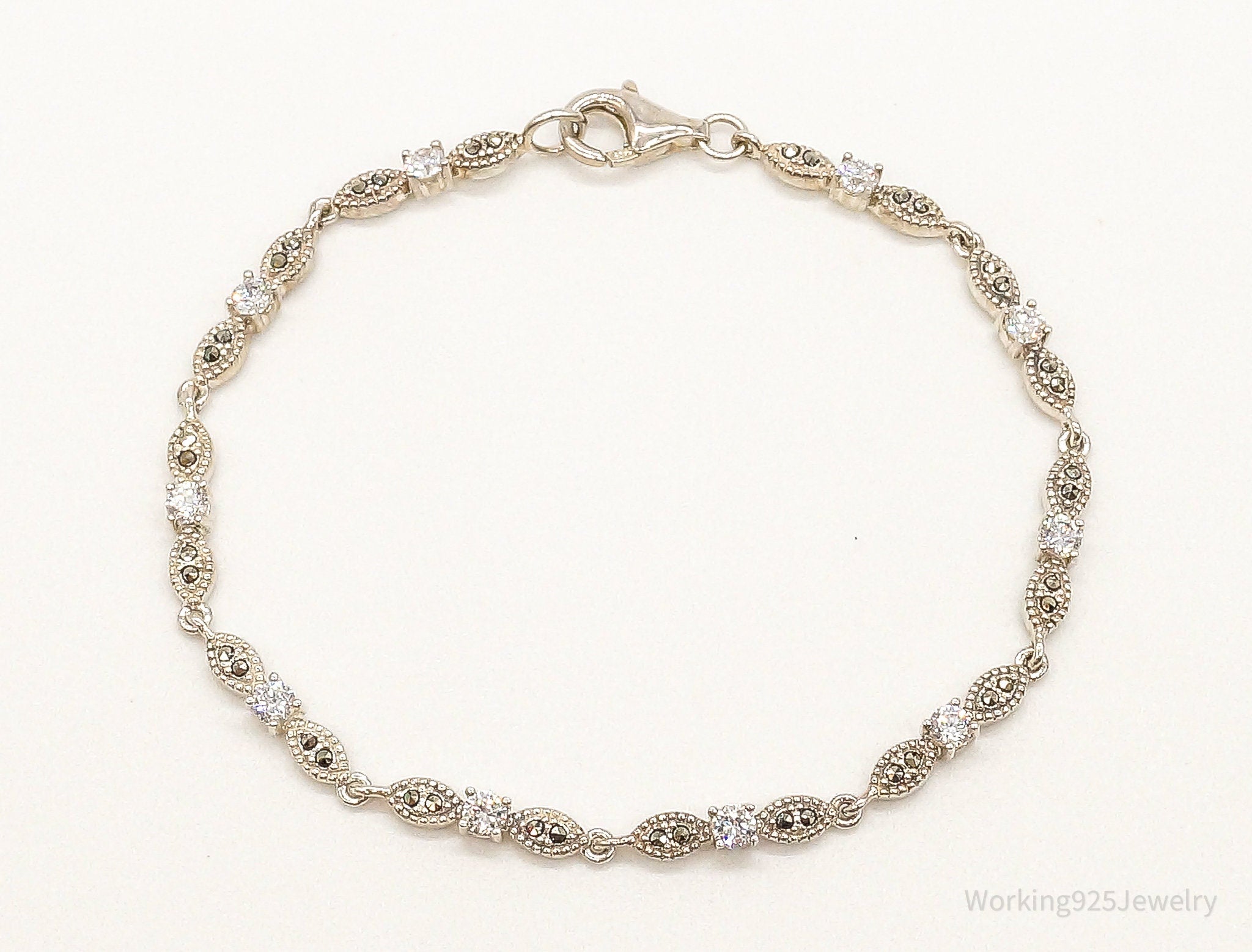 Designer Cubic Zirconia Marcasite Sterling Silver Bracelet