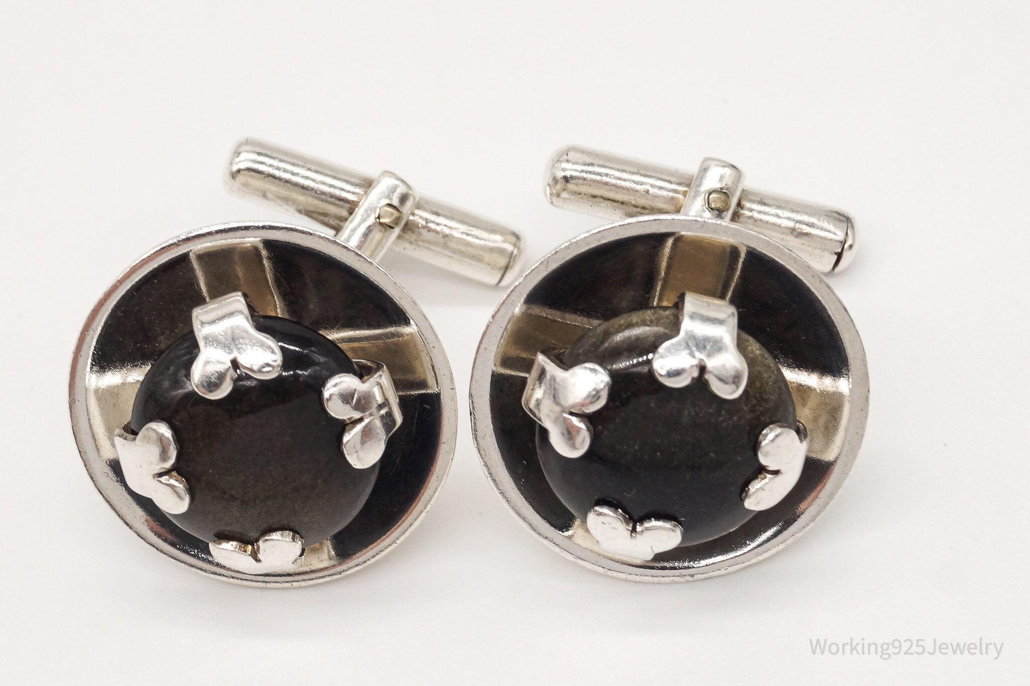 Mexico ZEVAHC CHAVEZ Sheen Golden Obsidian Modernist Sterling Silver Cufflinks