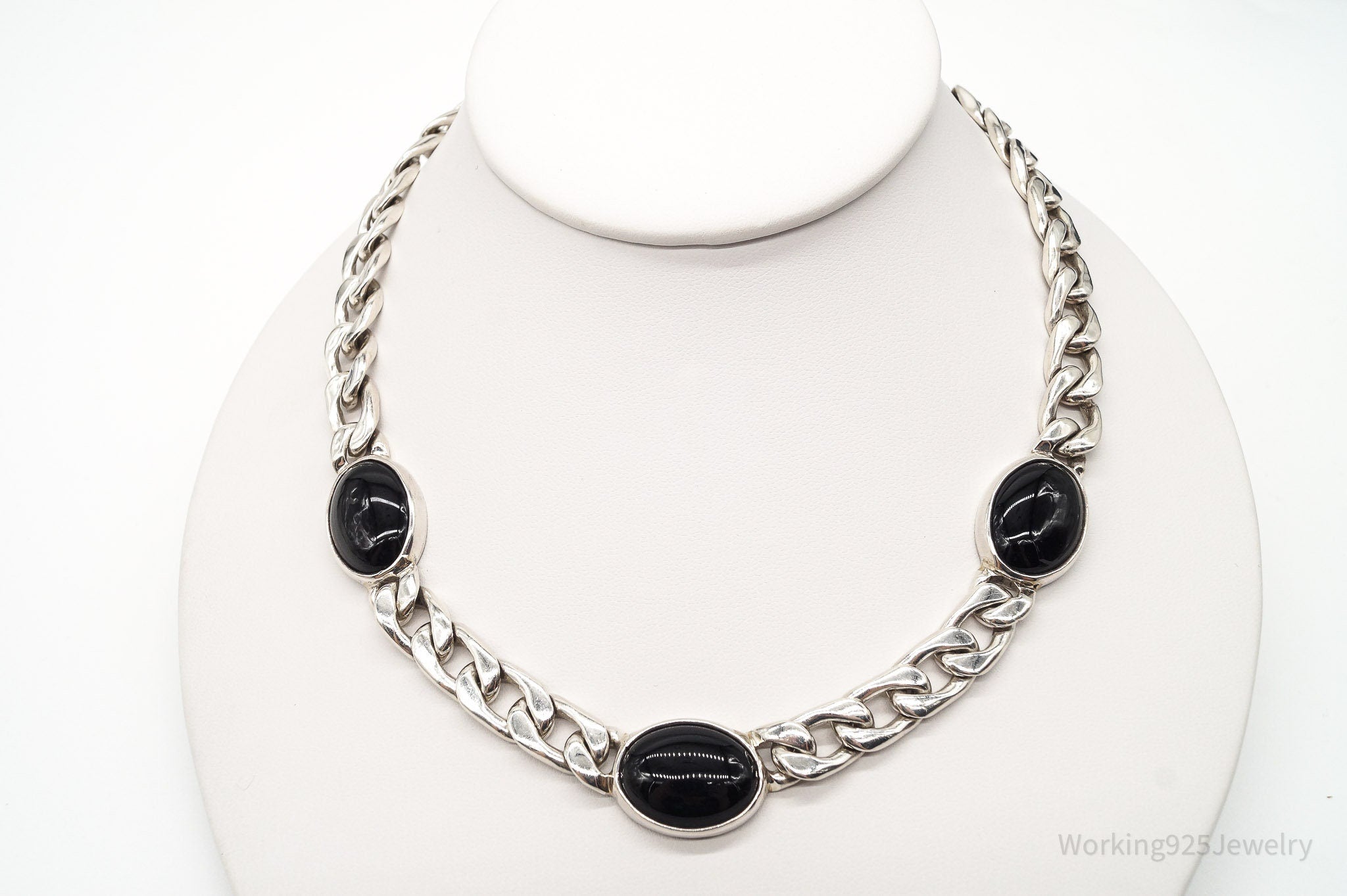 Vintage Black Onyx Curb Chain Sterling Silver Necklace